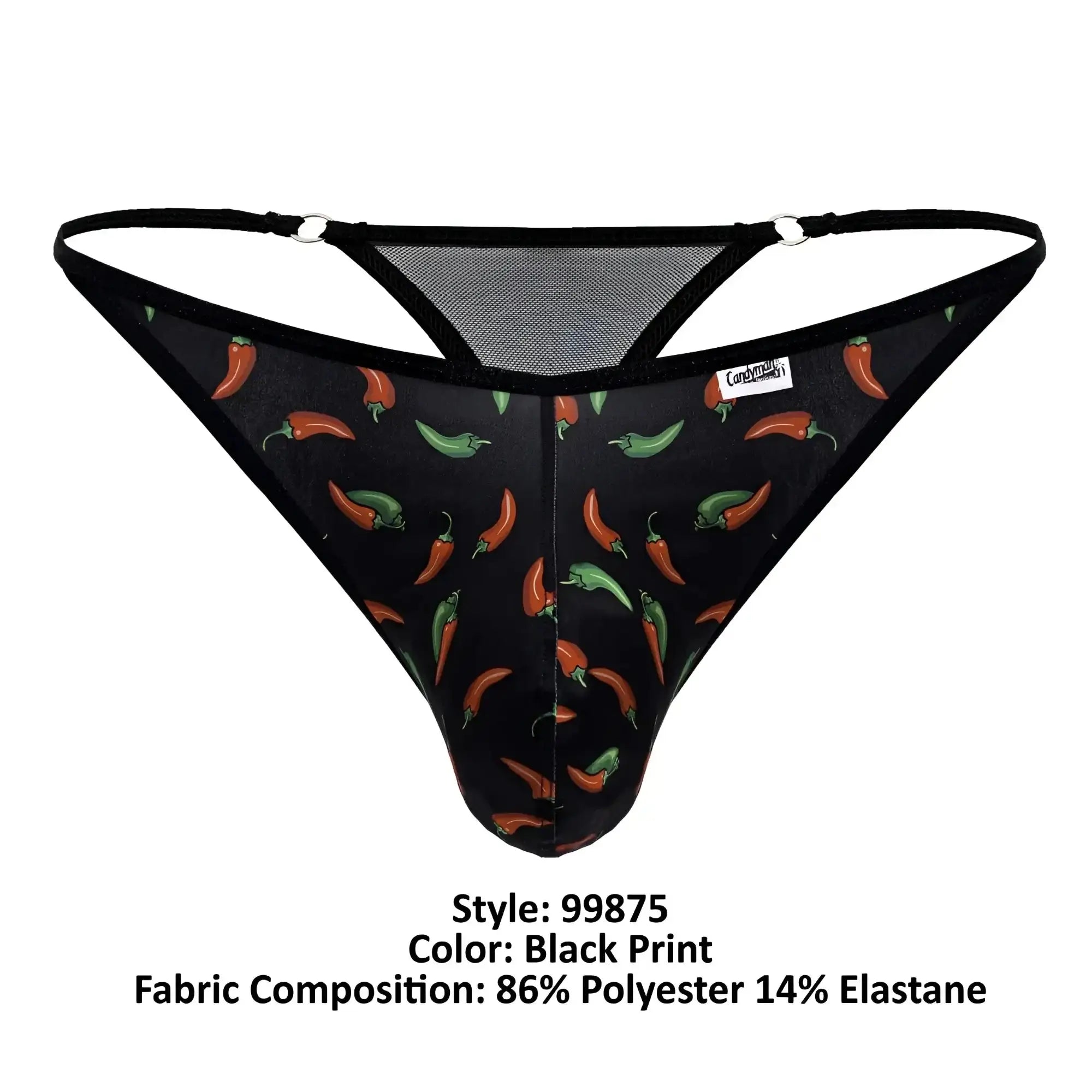 Black candyMan 99875 chili pepper thong with red and green chili print black elastic straps and mesh back detailing