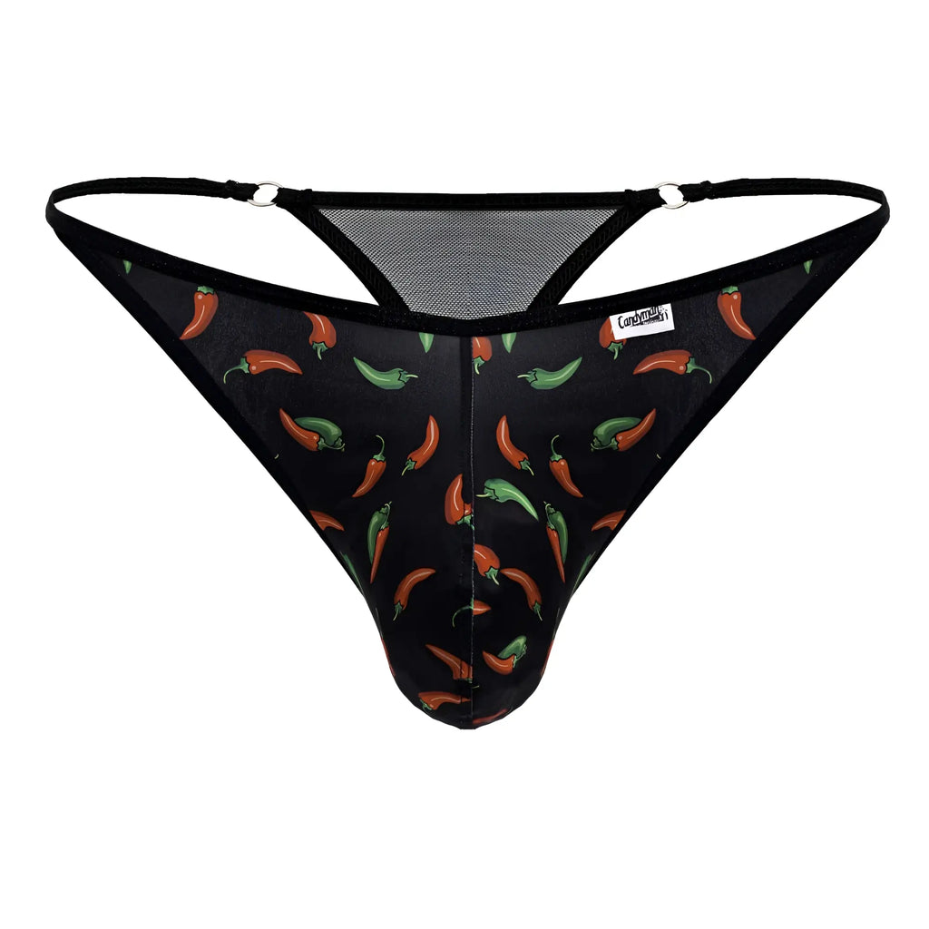 Black candyMan 99875 chili pepper thong with red and green chili print and mesh back panels shown from the back