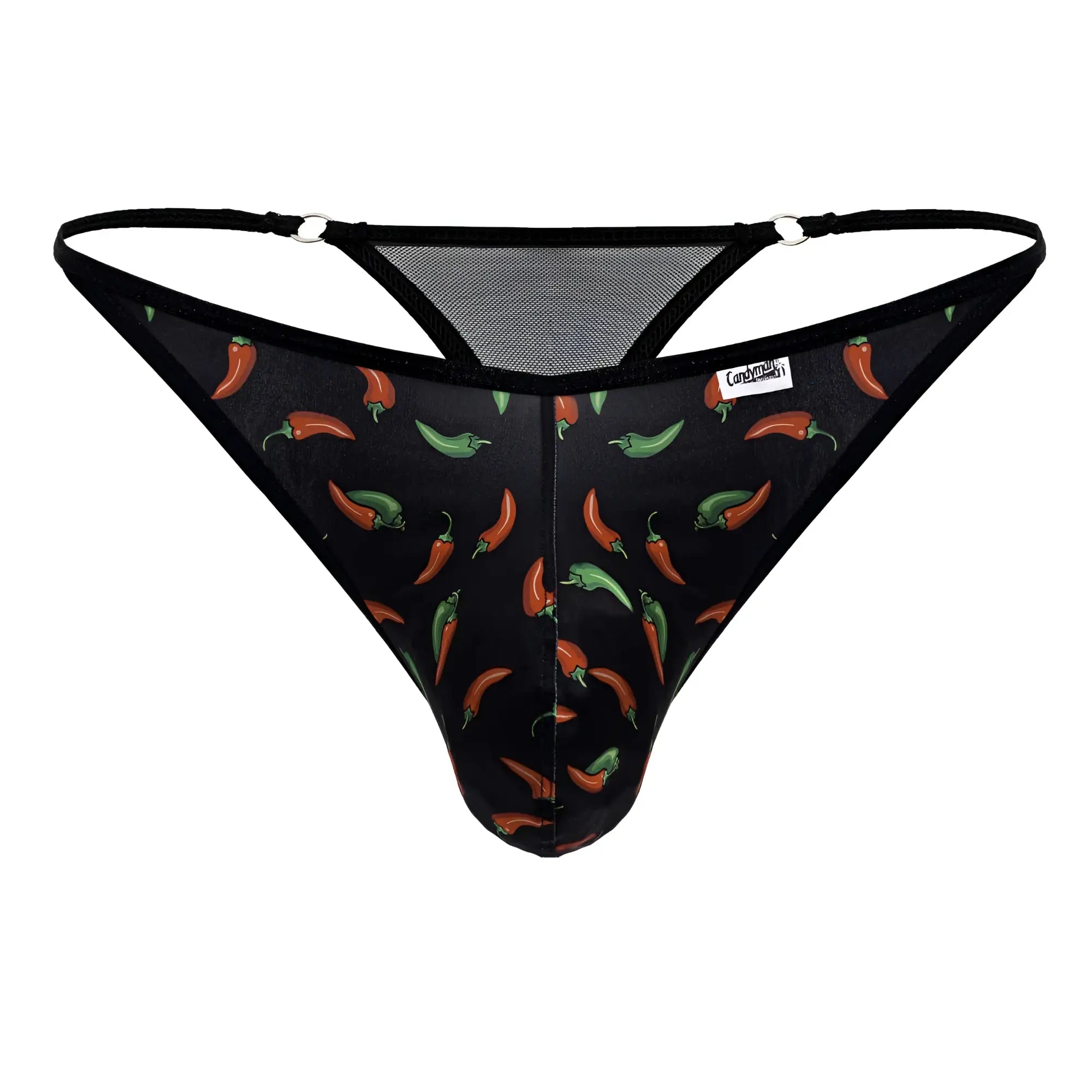 Black candyMan 99875 chili pepper thong with red and green chili print and mesh back panels shown from the back