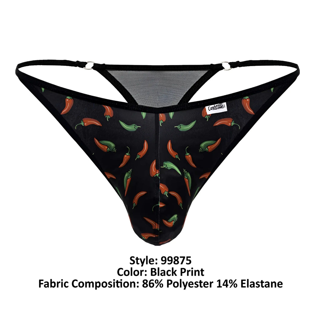Black candyMan 99875 chili pepper thong with red and green chili print black elastic straps and mesh back detailing