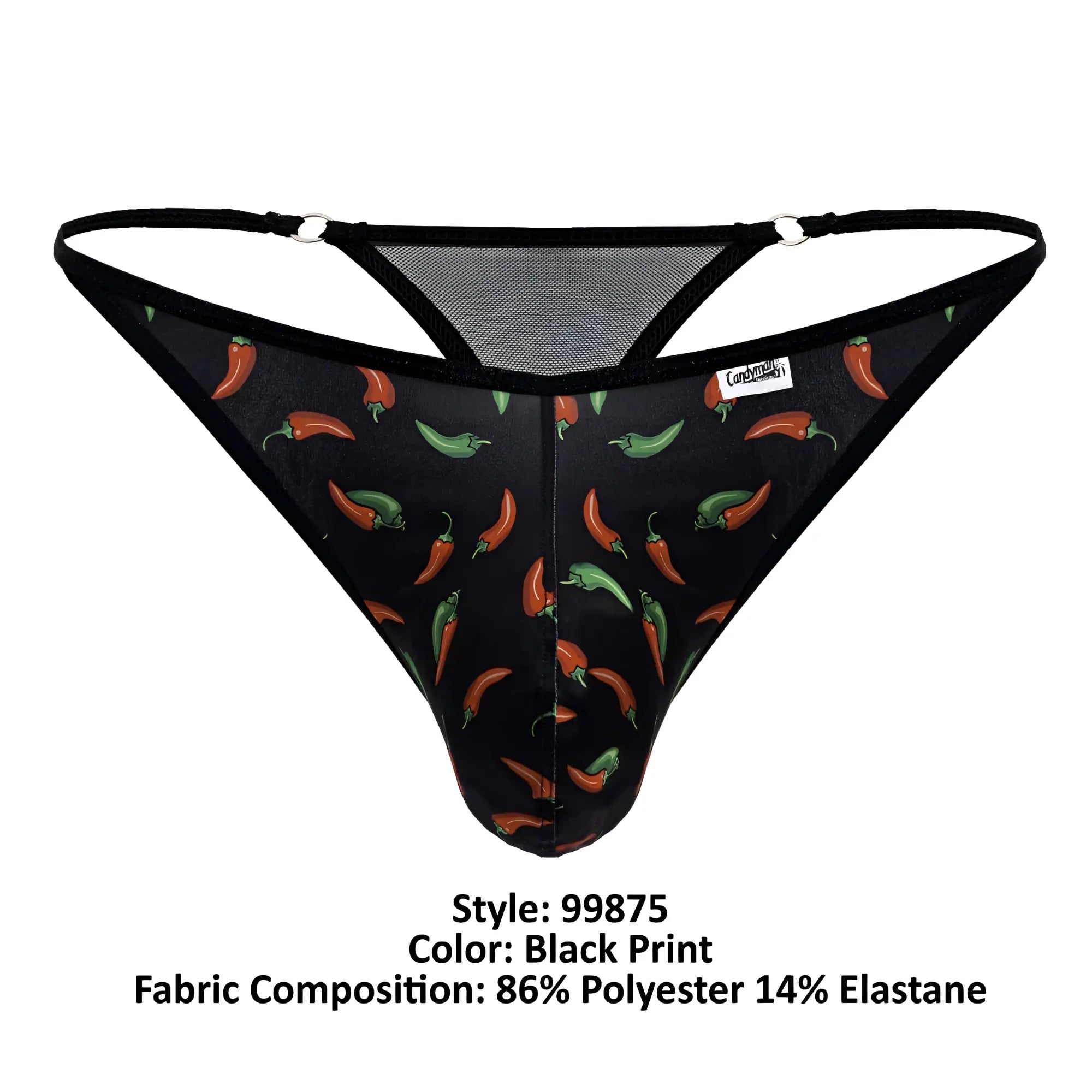 Black candyMan 99875 chili pepper thong with red and green chili print black elastic straps and mesh back detailing