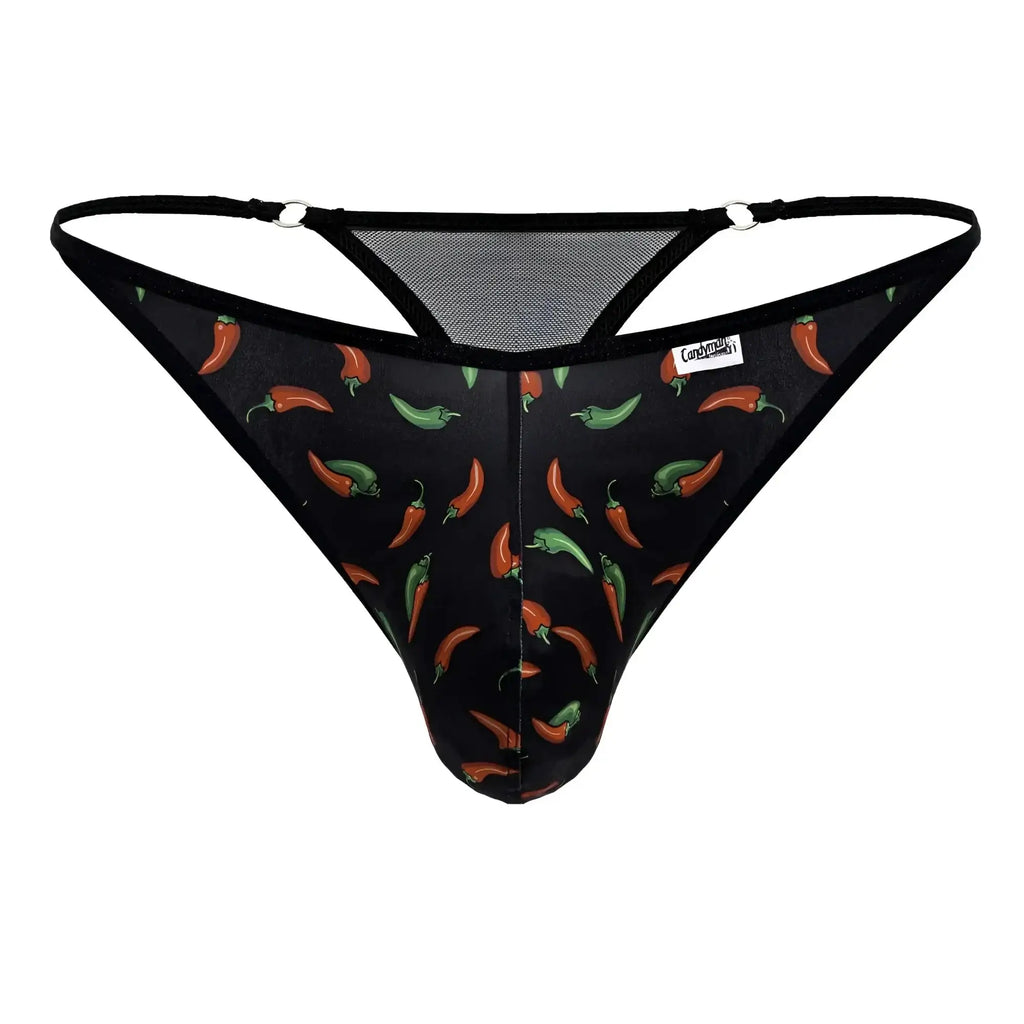 Black candyMan 99875 chili pepper thong with red and green chili print and mesh back panels shown from the back