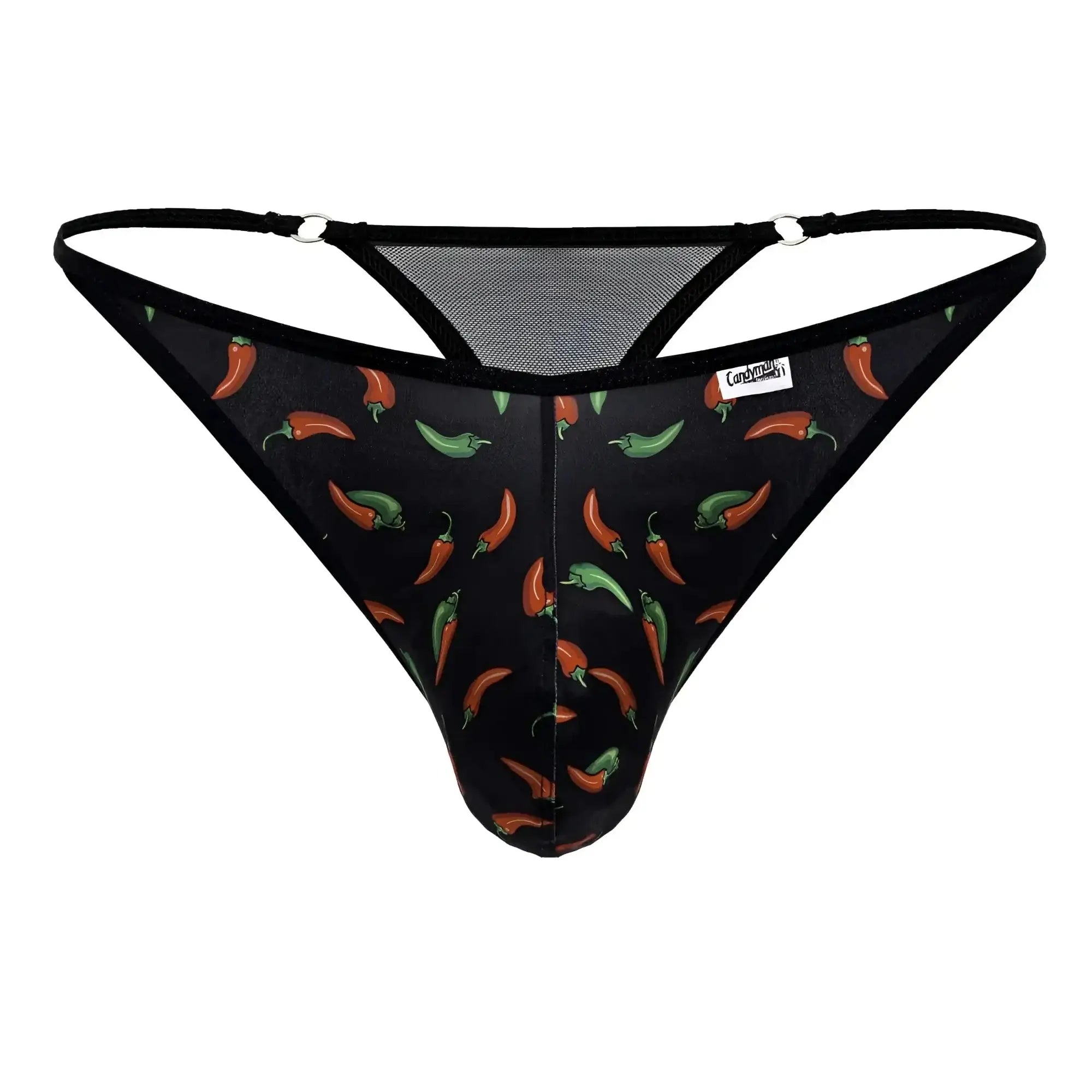 Black candyMan 99875 chili pepper thong with red and green chili print and mesh back panels shown from the back