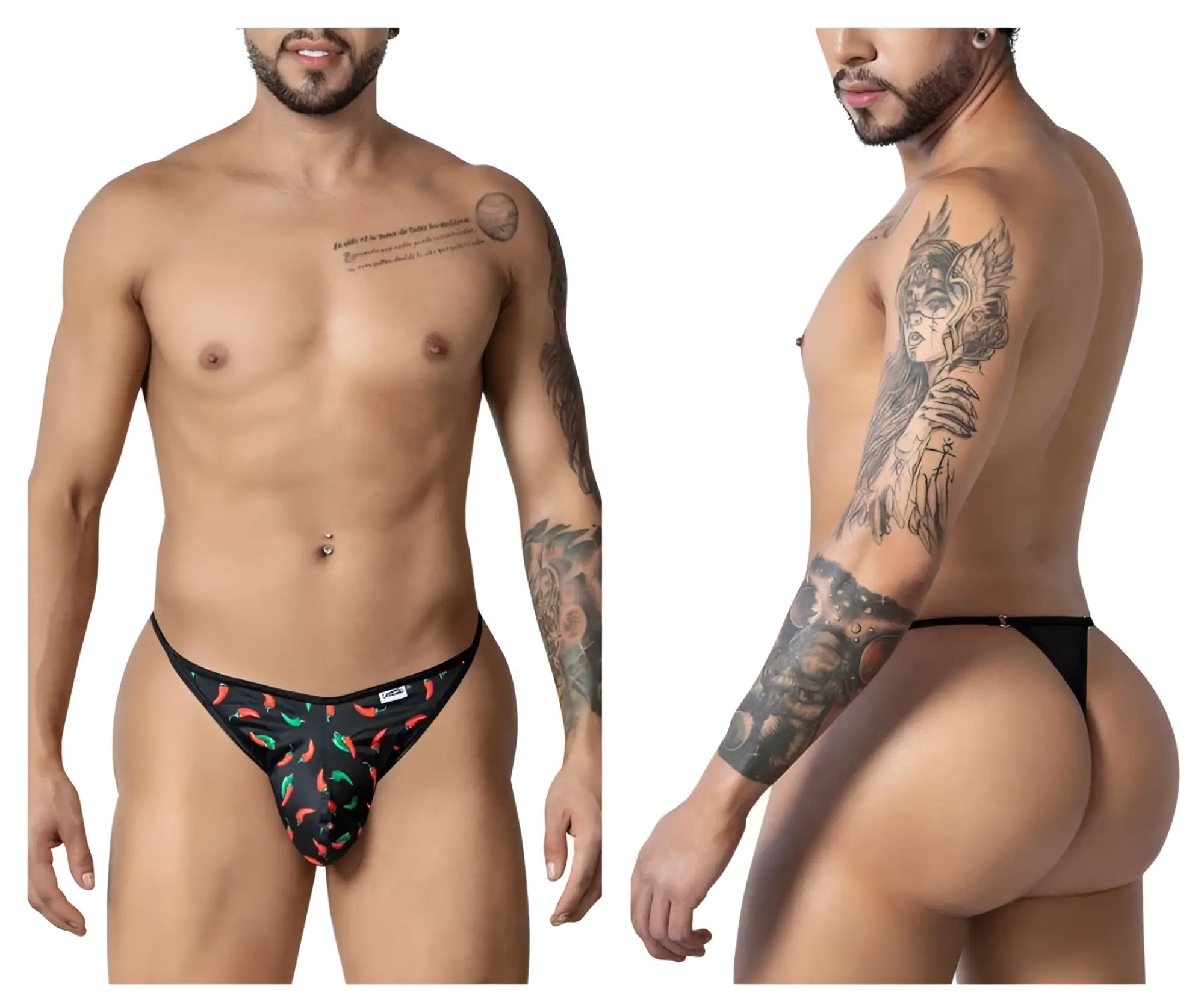 Black candyMan 99875 thong with red and green chili pepper print showcasing the front side design