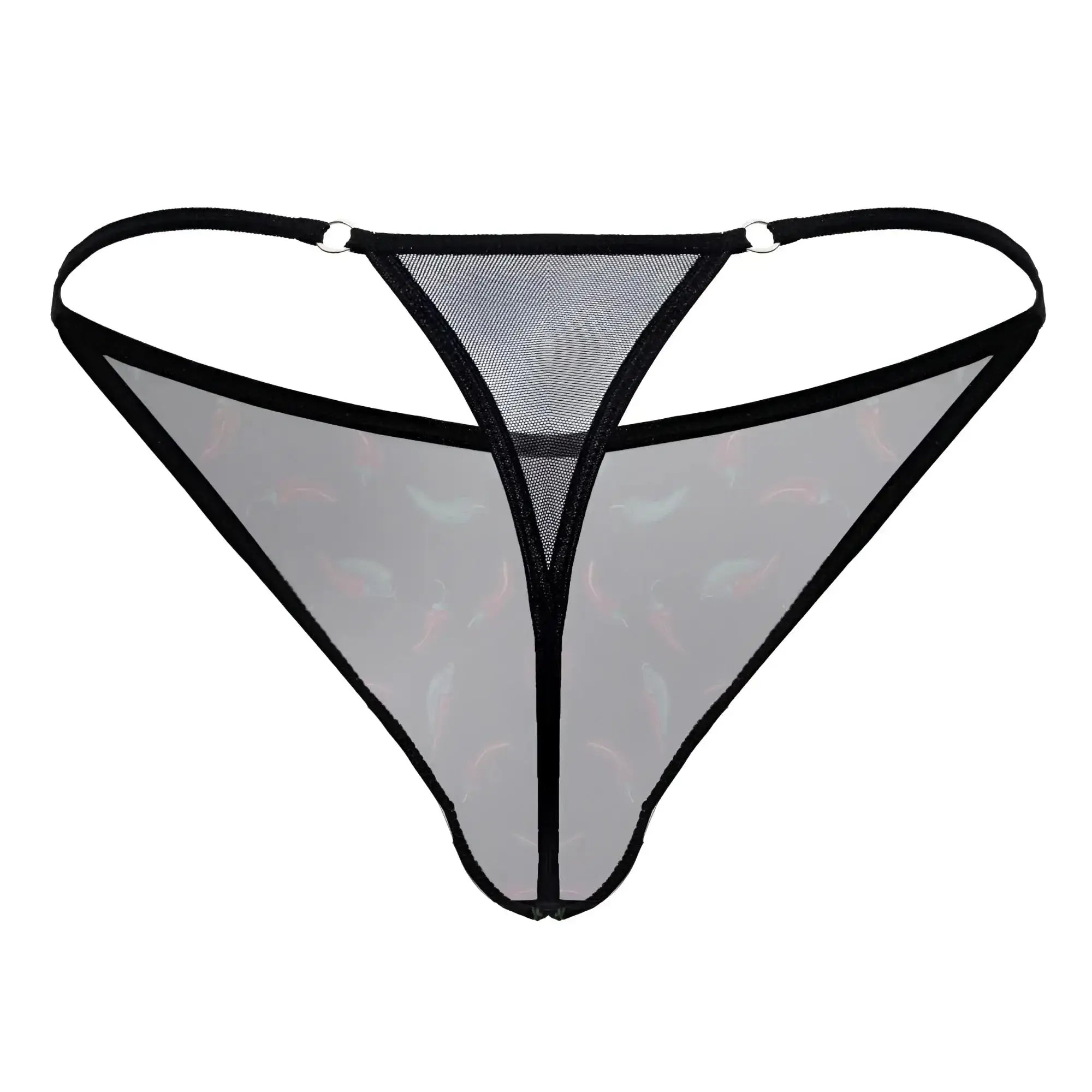CandyMan 99875 chili pepper thong in black sheer mesh with pink and gray fish pattern and black trim