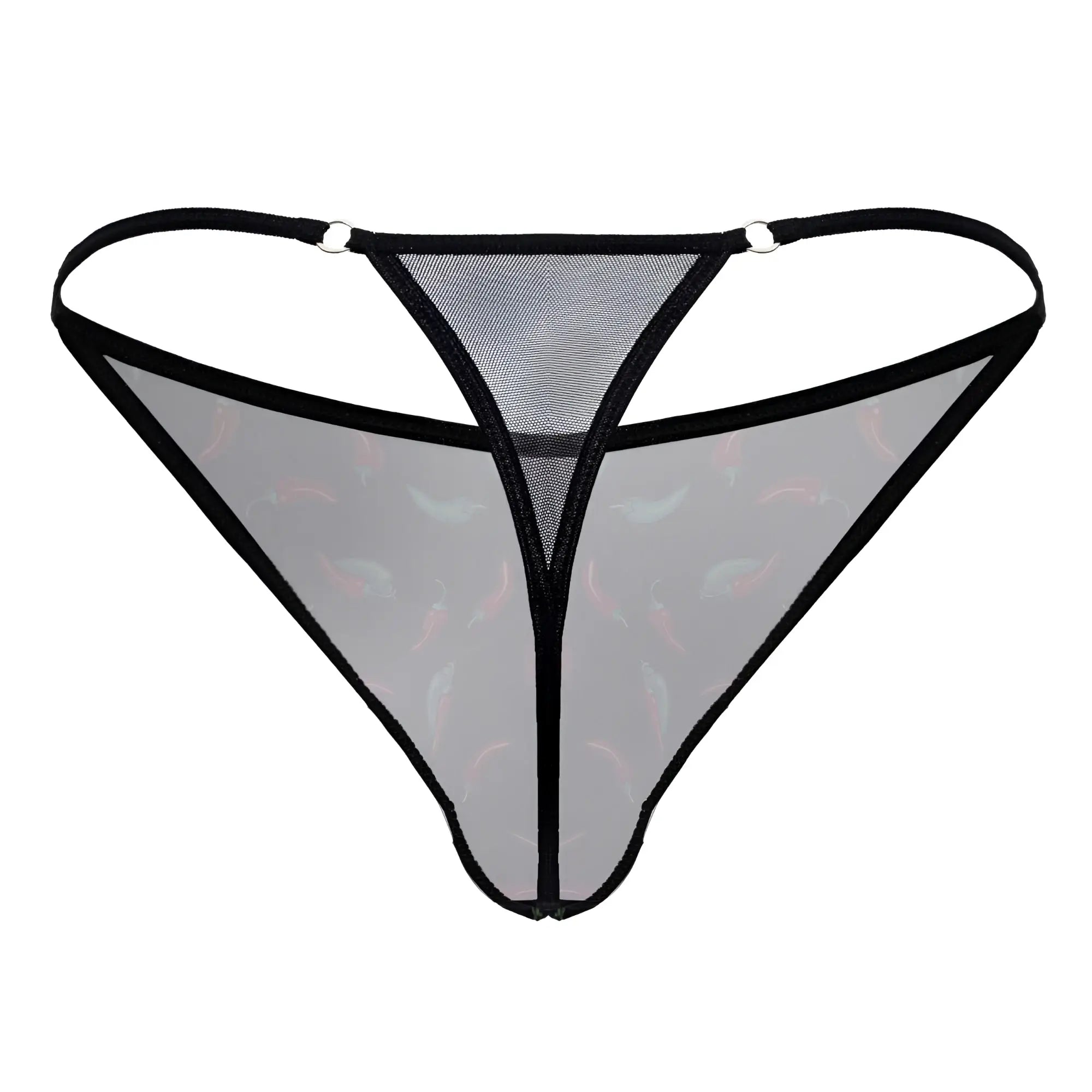 CandyMan 99875 chili pepper thong in black sheer mesh with pink and gray fish pattern and black trim
