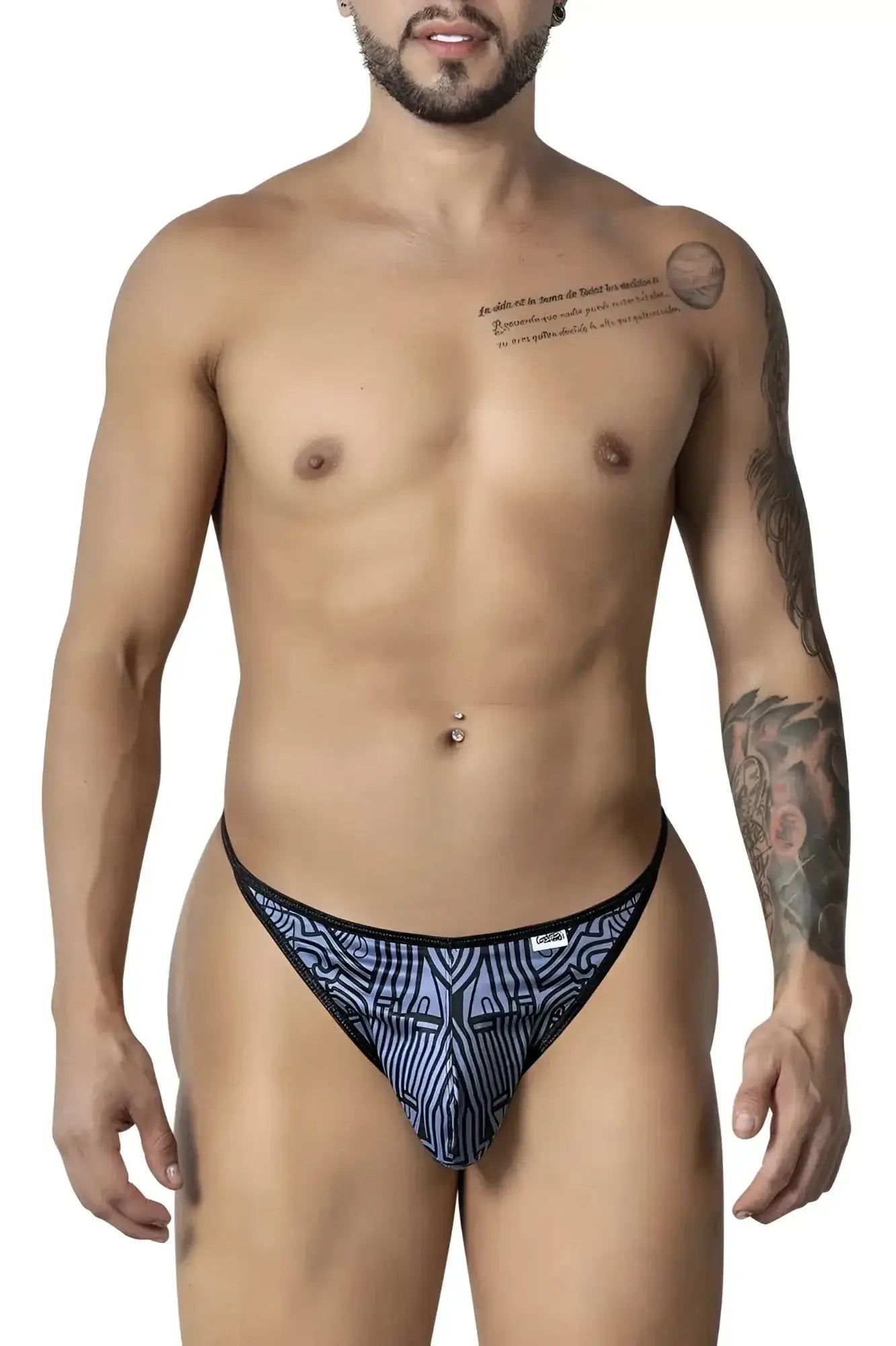 CandyMan 99875 Egyptian thongs in gray and black with a blue and black geometric pattern men’s briefs