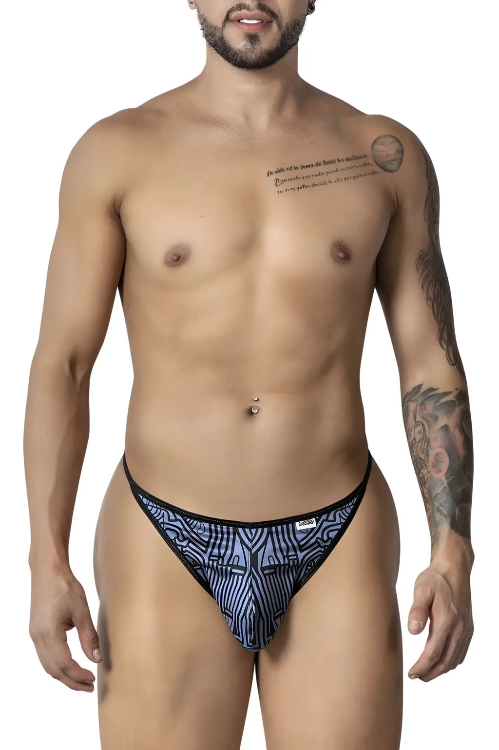 CandyMan 99875 Egyptian thongs in gray and black with a blue and black geometric pattern men’s briefs