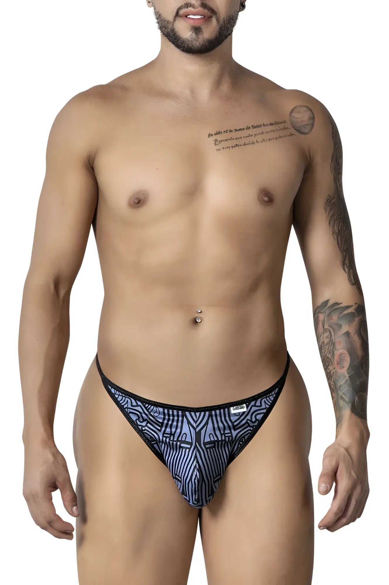 CandyMan 99875 Egyptian thongs in gray and black with a blue and black geometric pattern men’s briefs
