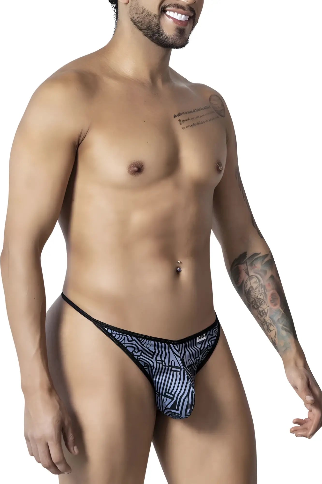 Candyman 99875 Egyptian thong in gray black with blue and black bold abstract pattern for men