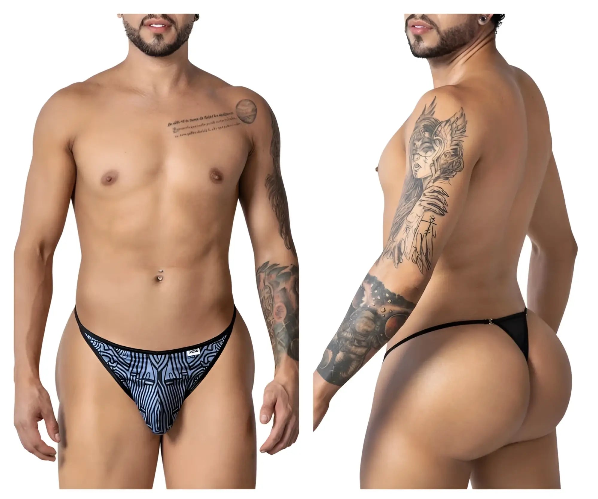 CandyMan 99875 Egyptian thong in gray and black featuring a sleek black and blue patterned modern design