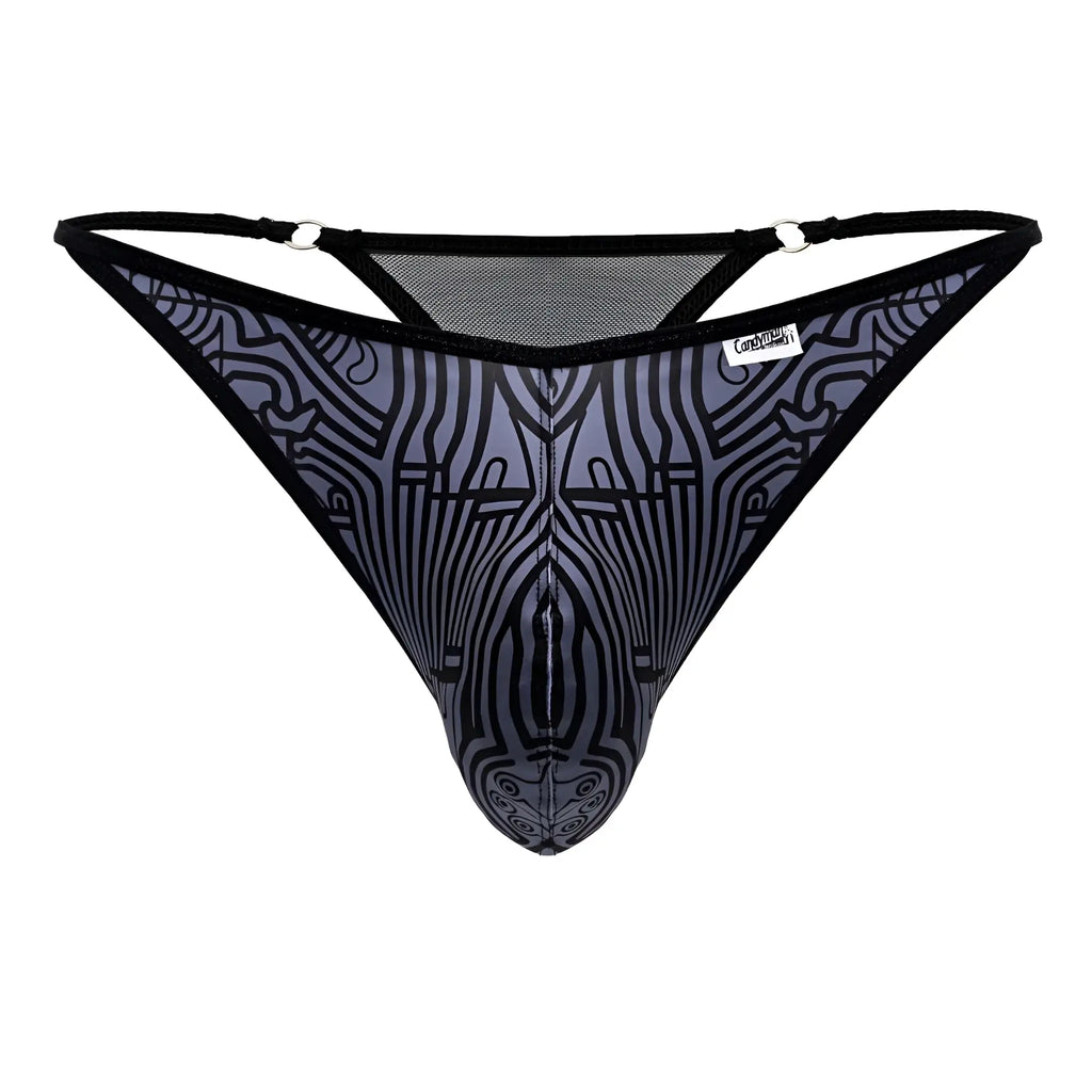 Black and gray patterned mesh thong candyMan 99875 with abstract face design in symmetrical egyptian style