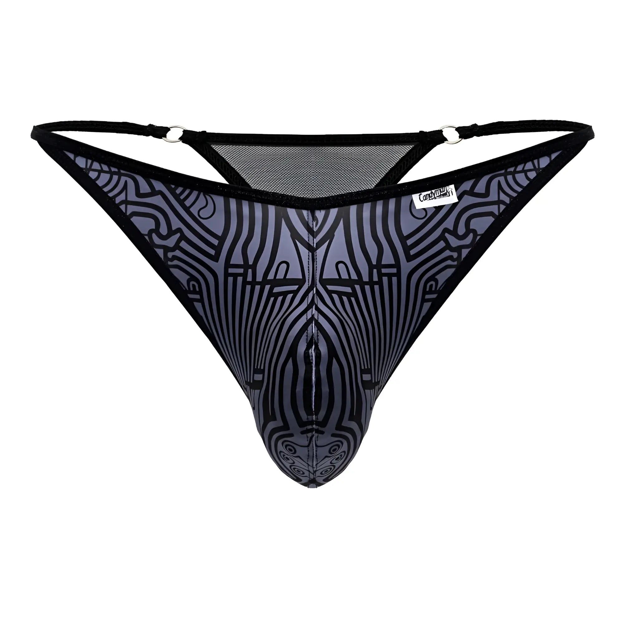Black and gray patterned mesh thong candyMan 99875 with abstract face design in symmetrical egyptian style