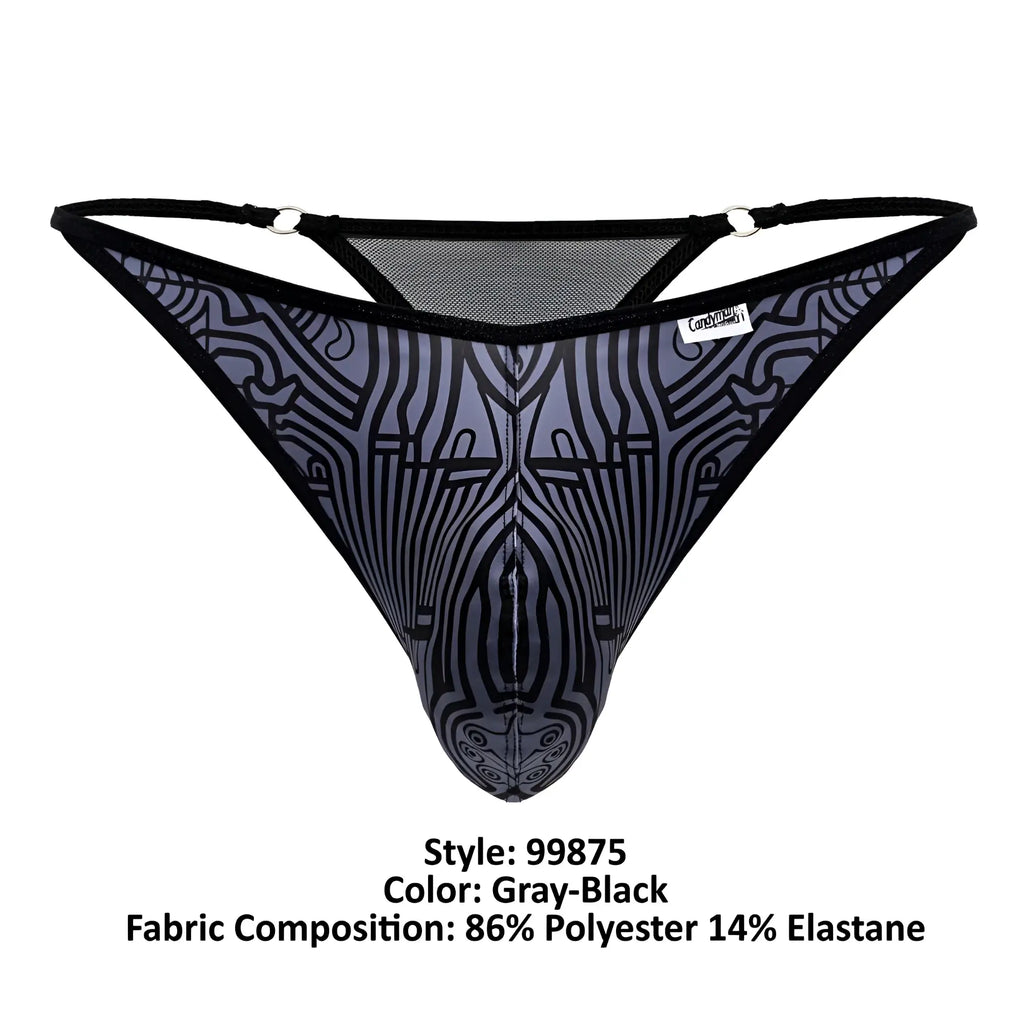 Gray-black patterned mesh thong with black trim and stylized zebra design candy man 99875 egyptian thong