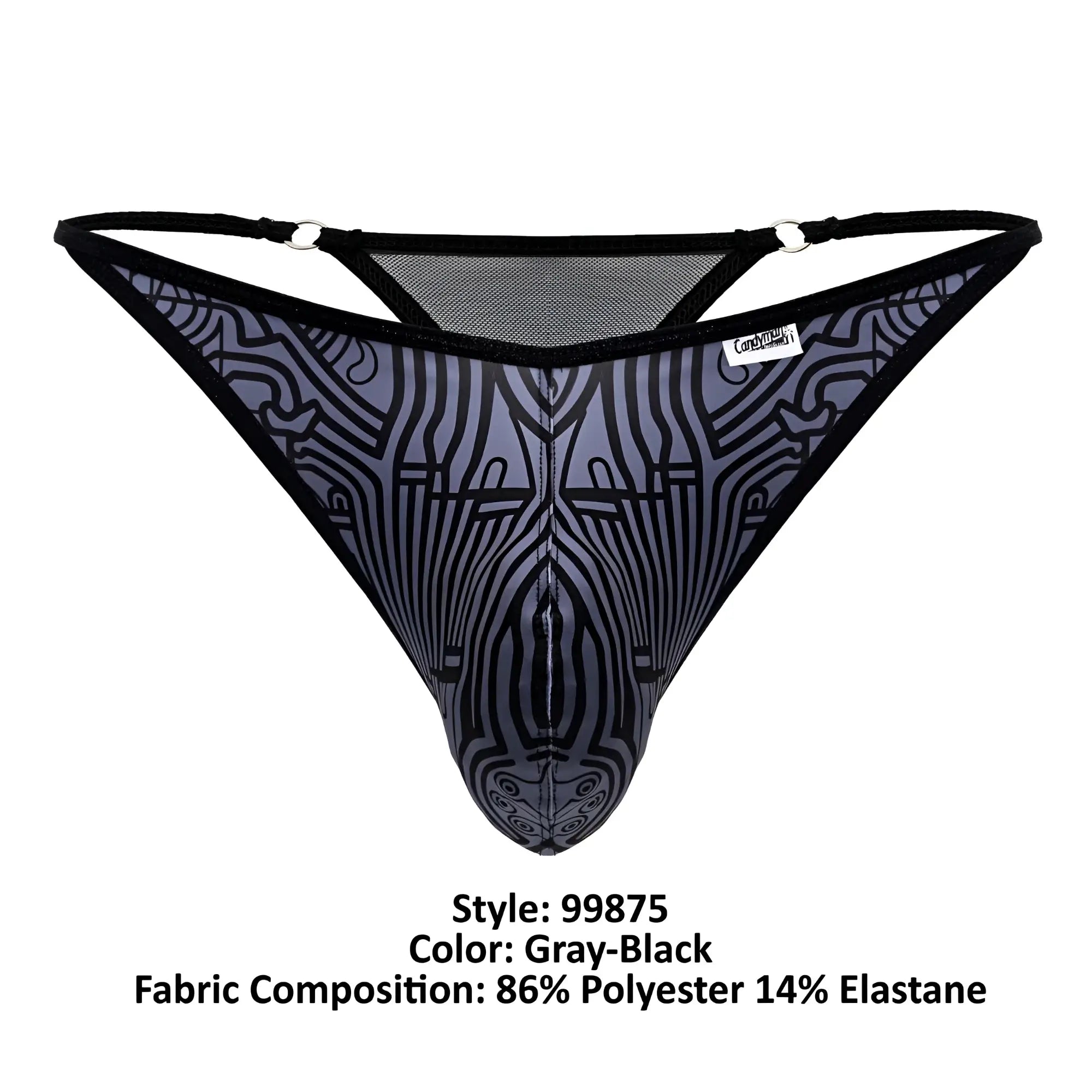 Gray-black patterned mesh thong with black trim and stylized zebra design candy man 99875 egyptian thong