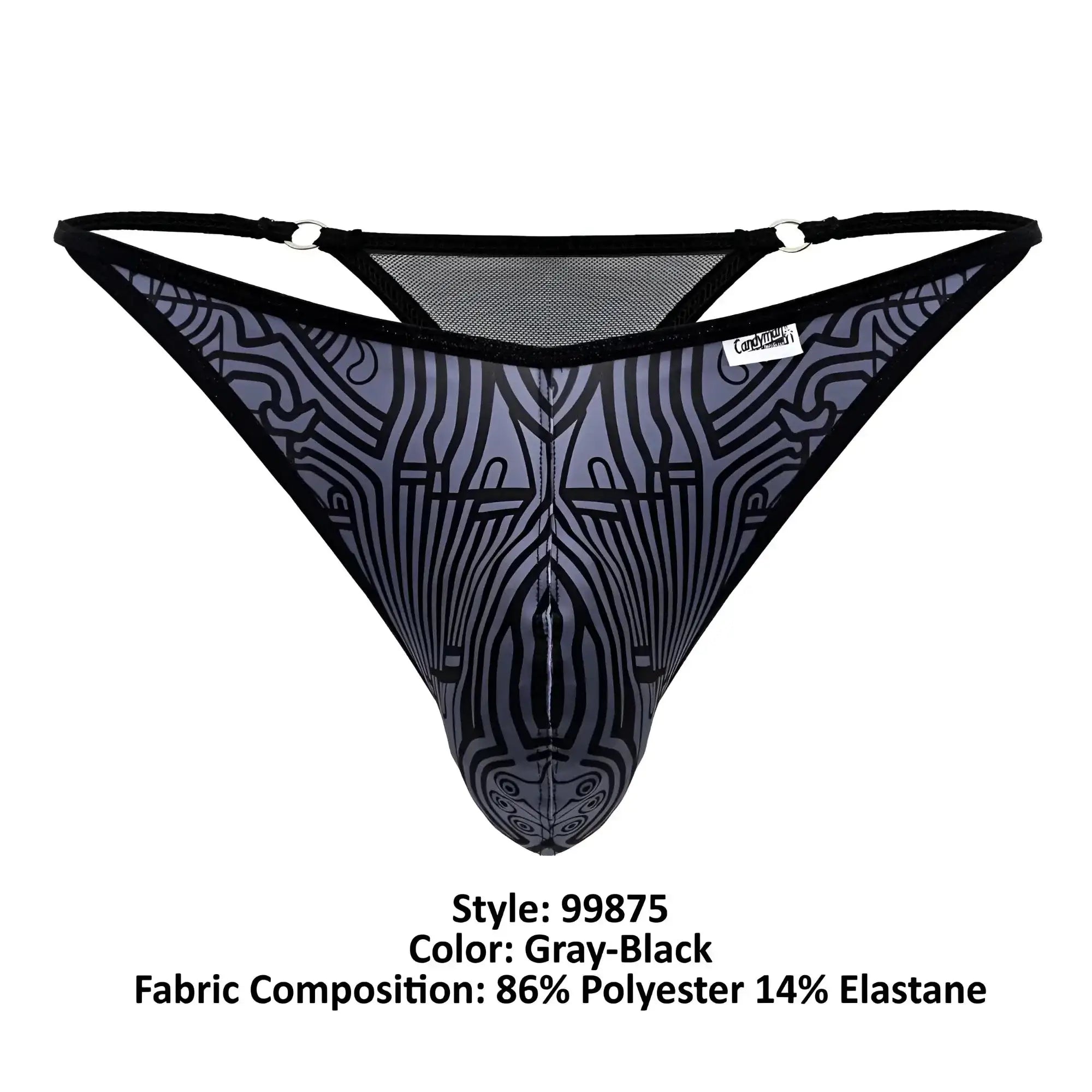 Gray-black patterned mesh thong with black trim and stylized zebra design candy man 99875 egyptian thong