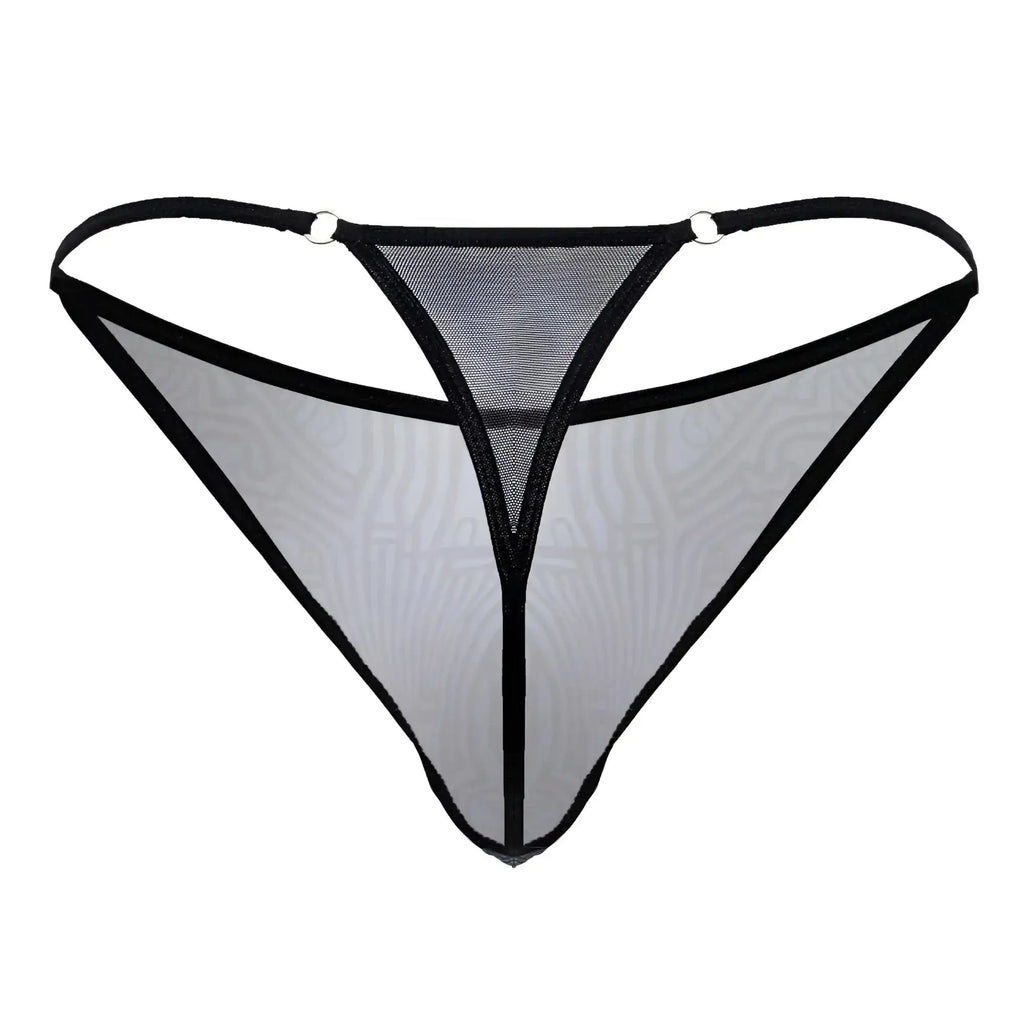 Black-trimmed sheer mesh CandyMan 99875 Egyptian thong in gray-black with subtle pattern and metallic rings