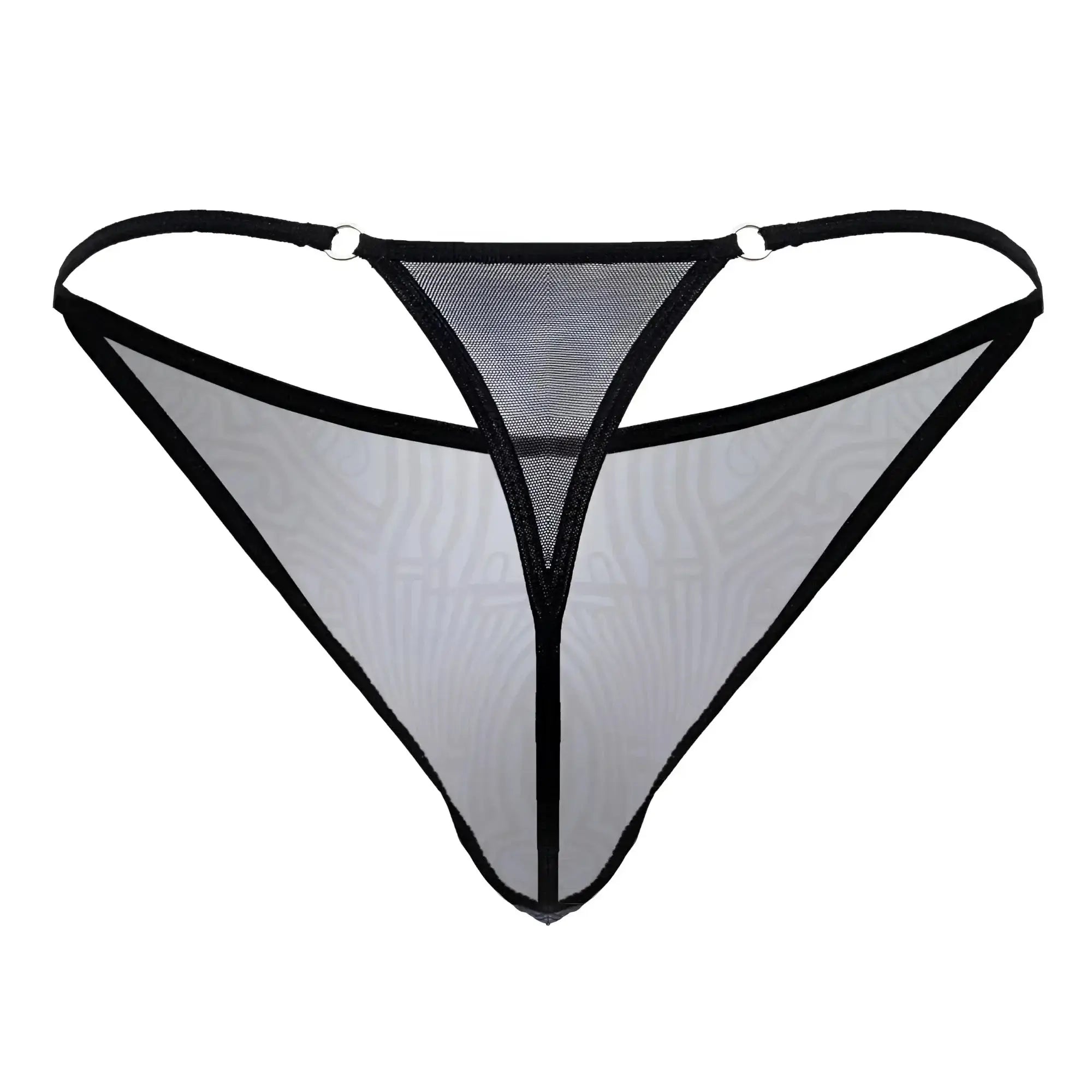 Black-trimmed sheer mesh CandyMan 99875 Egyptian thong in gray-black with subtle pattern and metallic rings