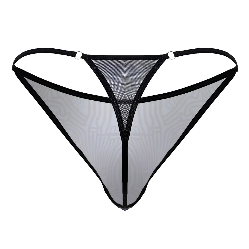 Black-trimmed sheer mesh CandyMan 99875 Egyptian thong in gray-black with subtle pattern and metallic rings