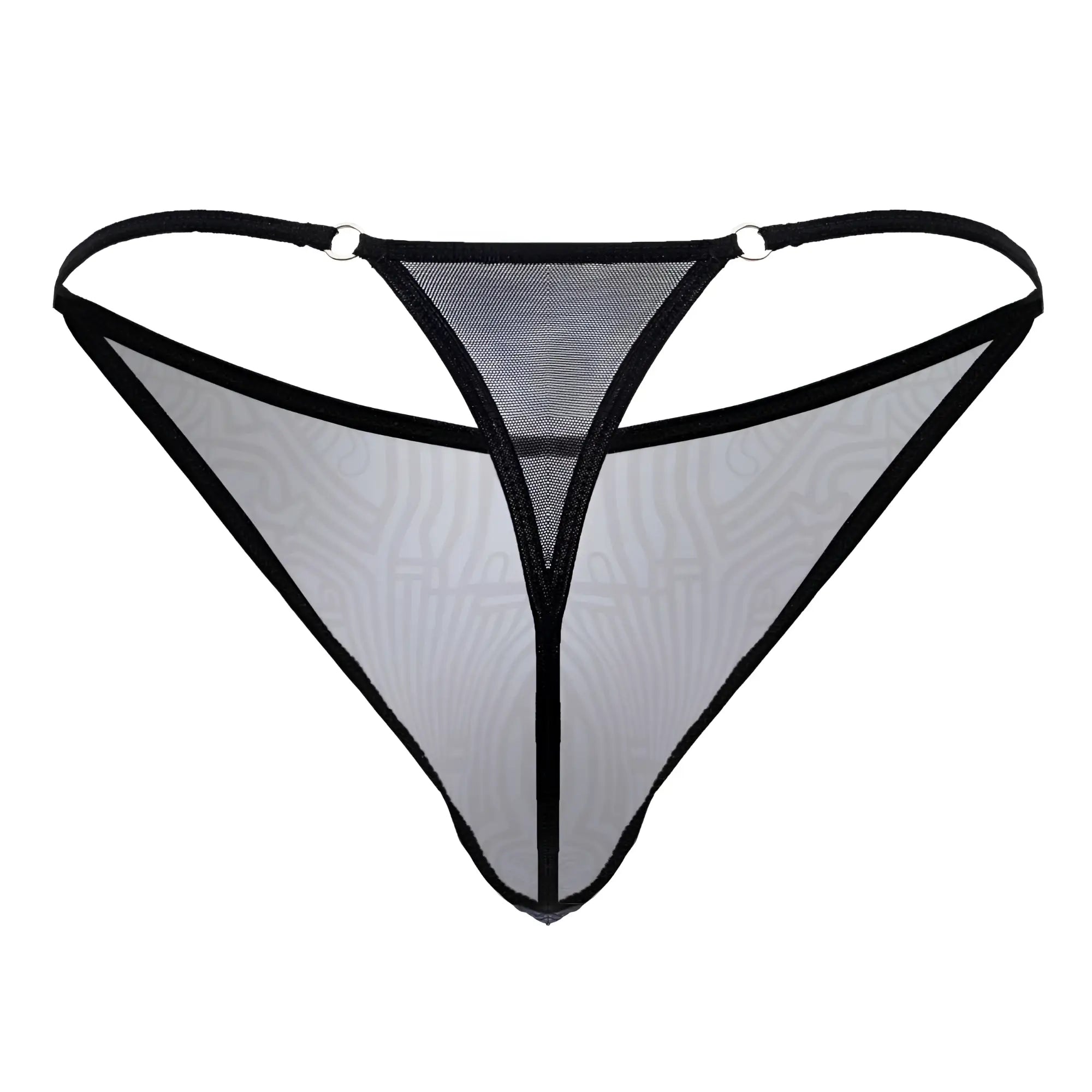 Black-trimmed sheer mesh CandyMan 99875 Egyptian thong in gray-black with subtle pattern and metallic rings