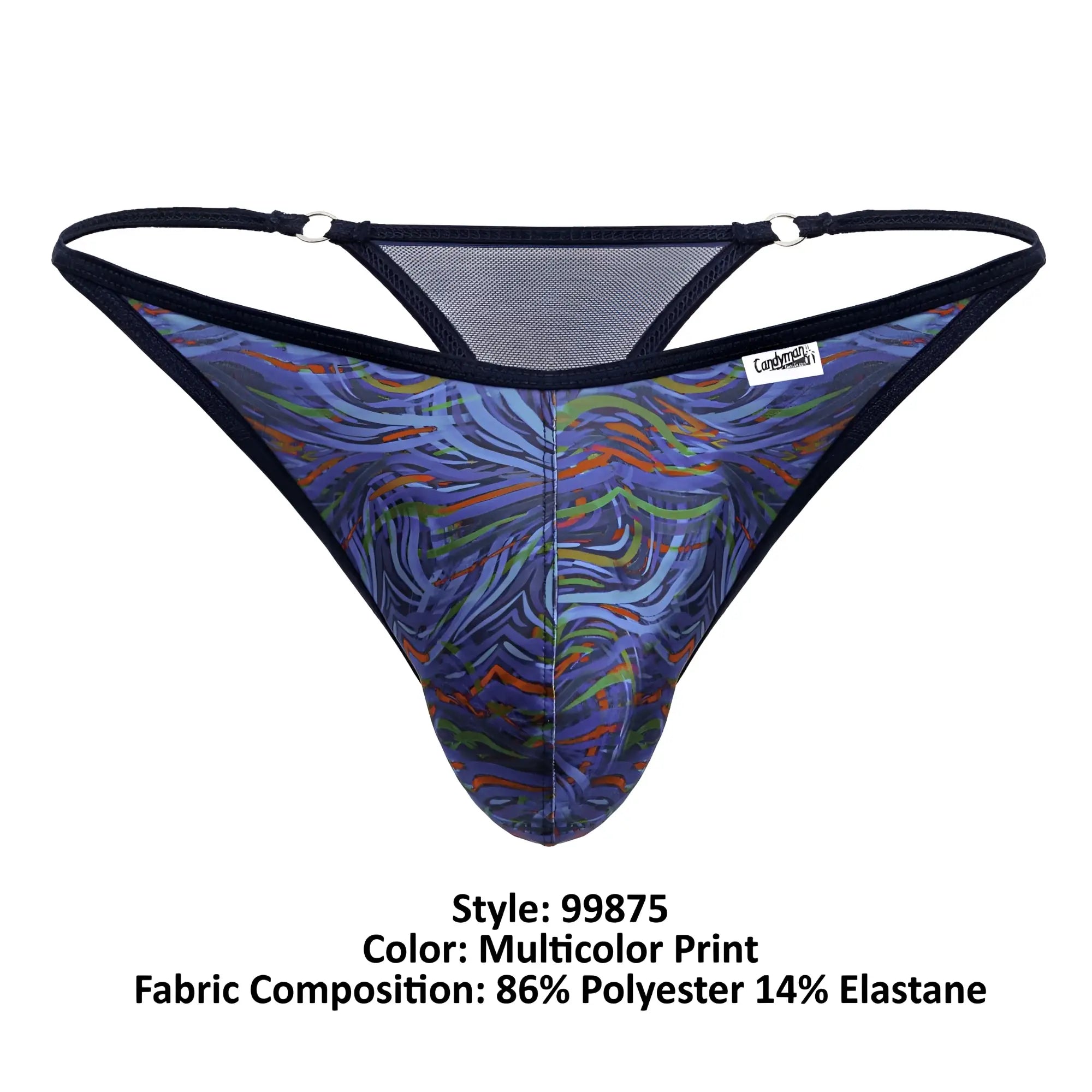CandyMan 99875 seawater multicolor print thong with abstract wave pattern, mesh back panel, and adjustable straps in polyester blend