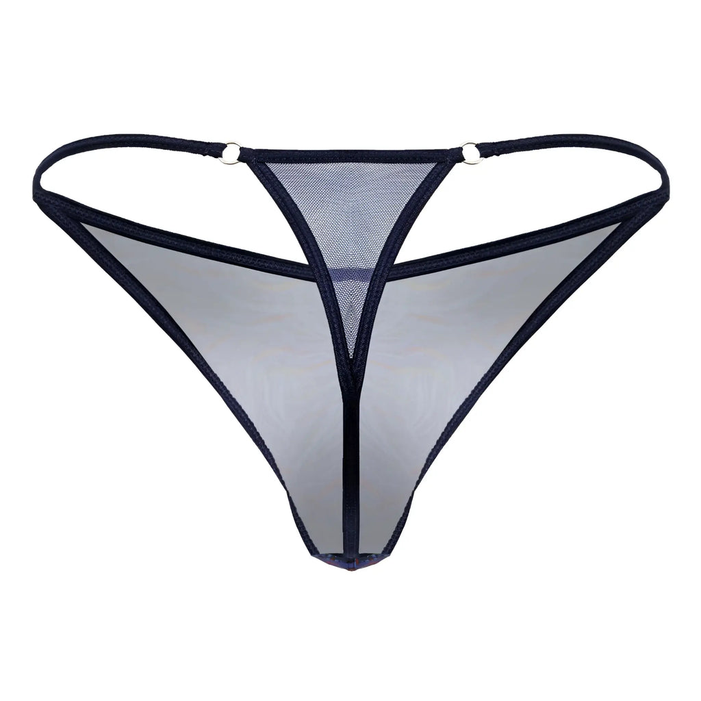 Black mesh CandyMan 99875 seawater thong with sheer multicolor print and reinforced edges shown from the back