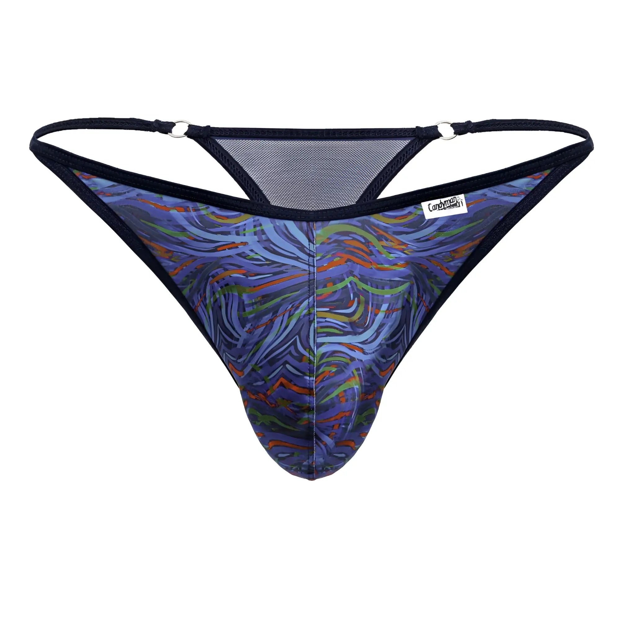 Blue and green abstract patterned CandyMan 99875 seawater thong with black trim and mesh backband shown from the back