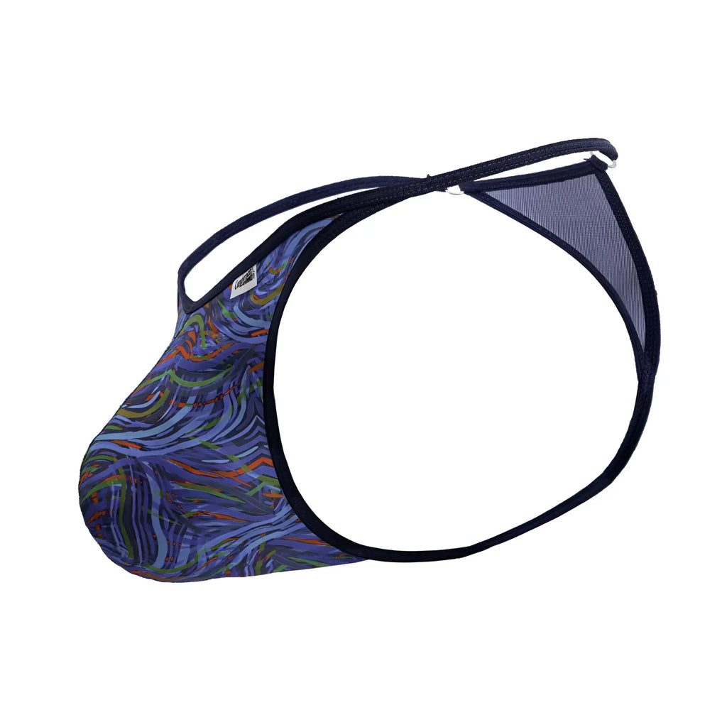 CandyMan 99875 seawater multicolor print mesh thong with blue and wave patterns and black trim shown from back side