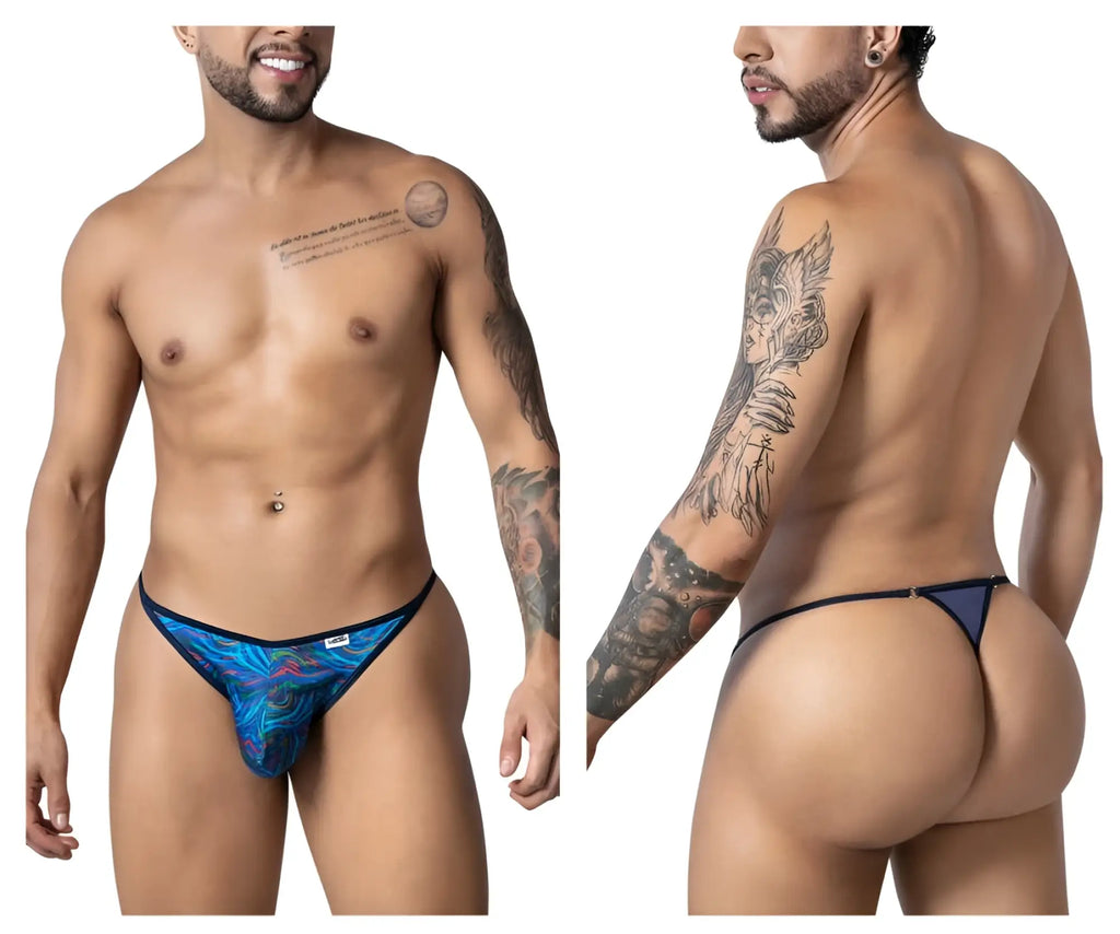 CandyMan 99875 seawater thong in blue multicolor print with black trim featuring a patterned design