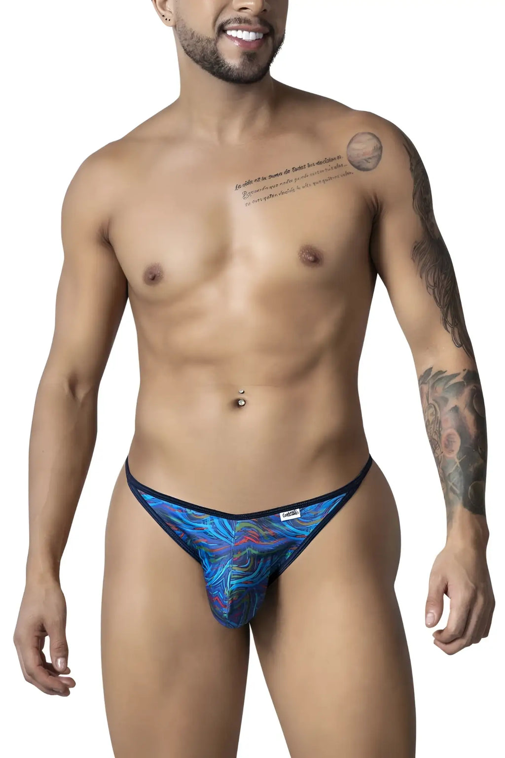 CandyMan 99875 Seawater thongs in blue and purple abstract pattern with black trim for stylish swimwear use