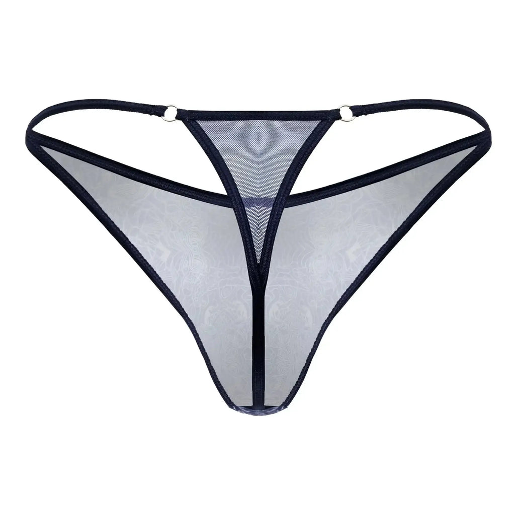 CandyMan 99875 blue-white sheer mesh thong with black trim and subtle floral pattern shown from the back side