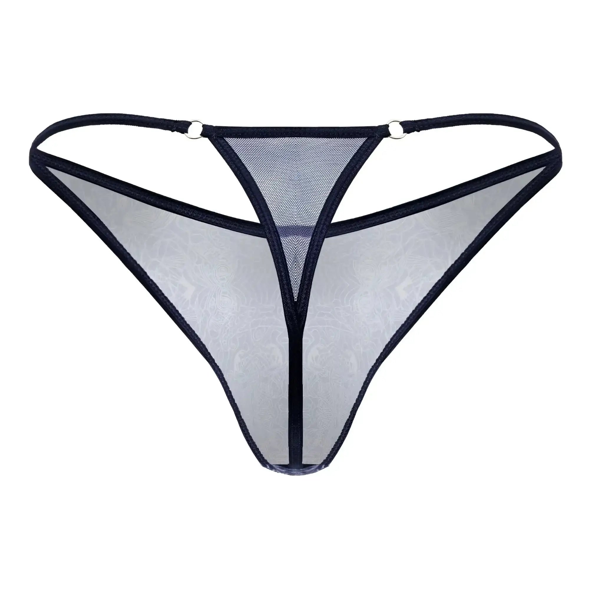 CandyMan 99875 blue-white sheer mesh thong with black trim and subtle floral pattern shown from the back side