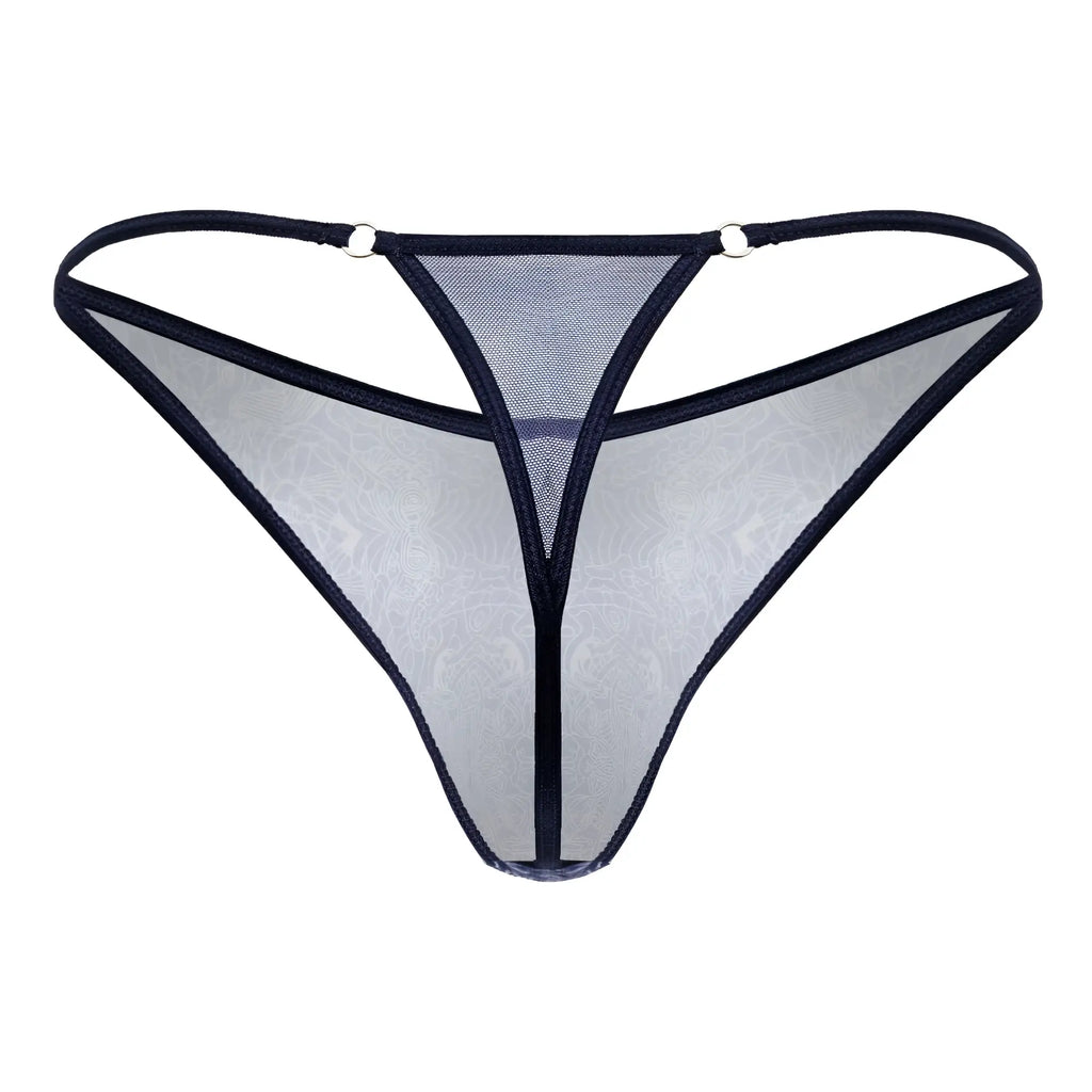 CandyMan 99875 blue-white sheer mesh thong with black trim and subtle floral pattern shown from the back side