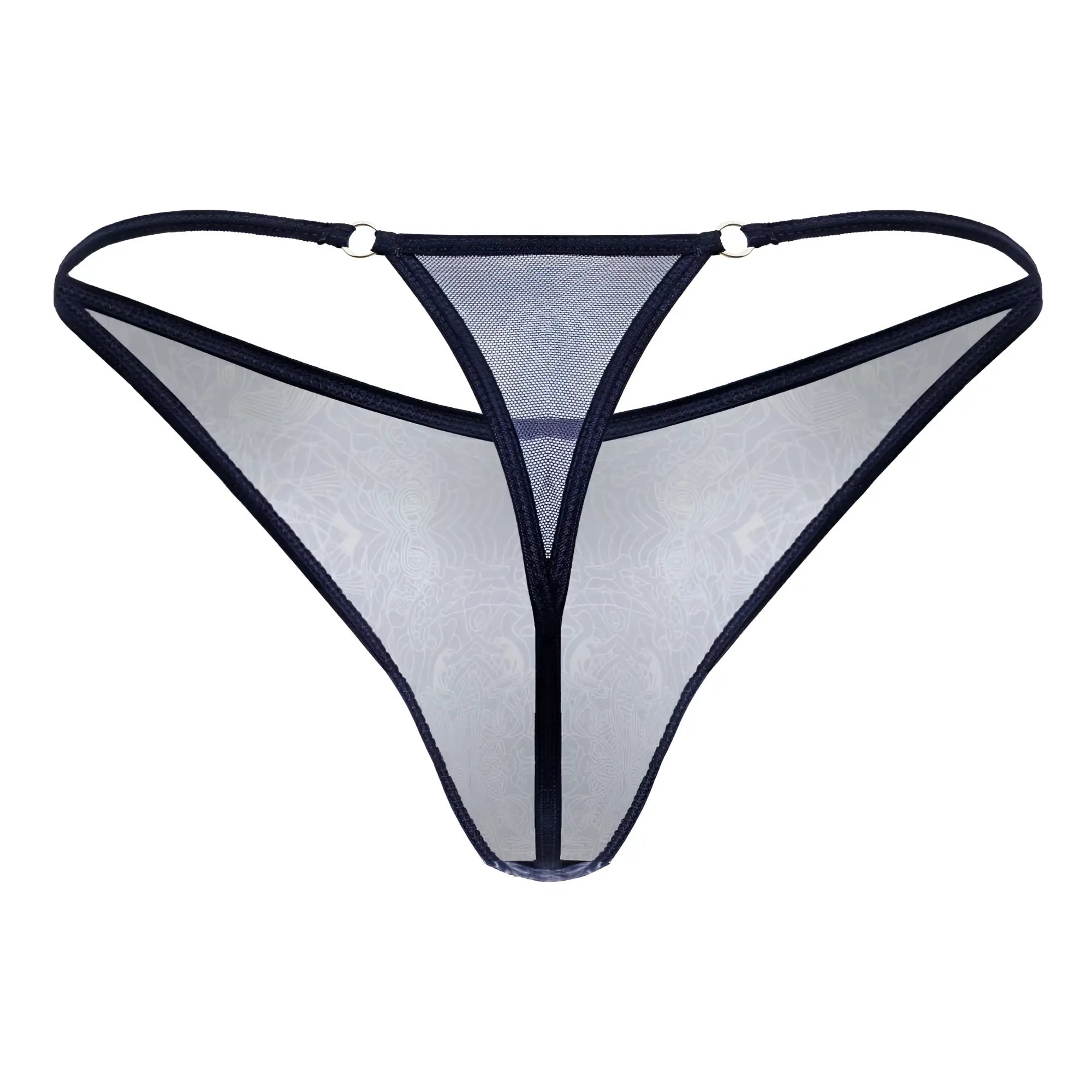 CandyMan 99875 blue-white sheer mesh thong with black trim and subtle floral pattern shown from the back side