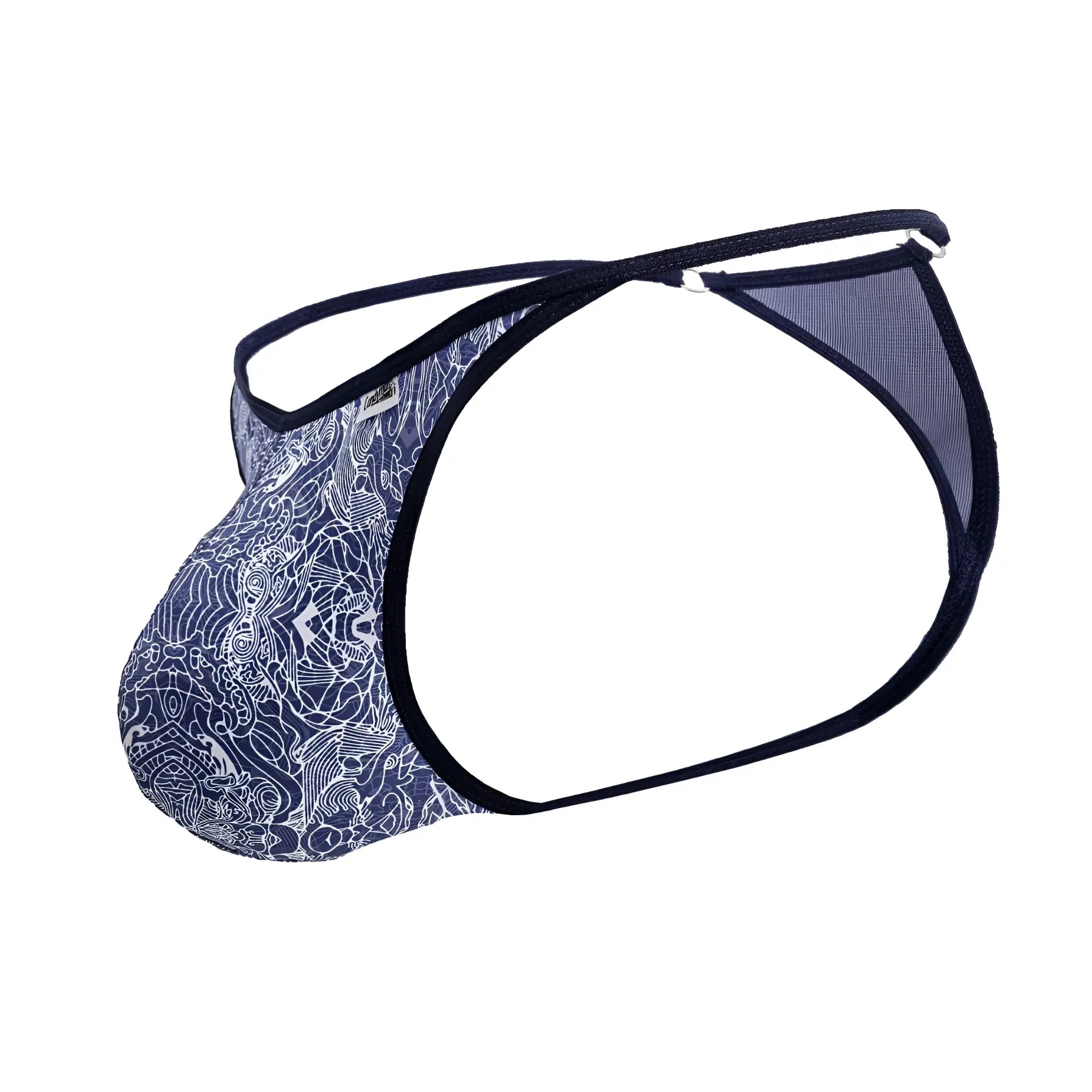 Candyman 99875 blue white men’s briefs with intricate white patterns and black trim featuring water prints design