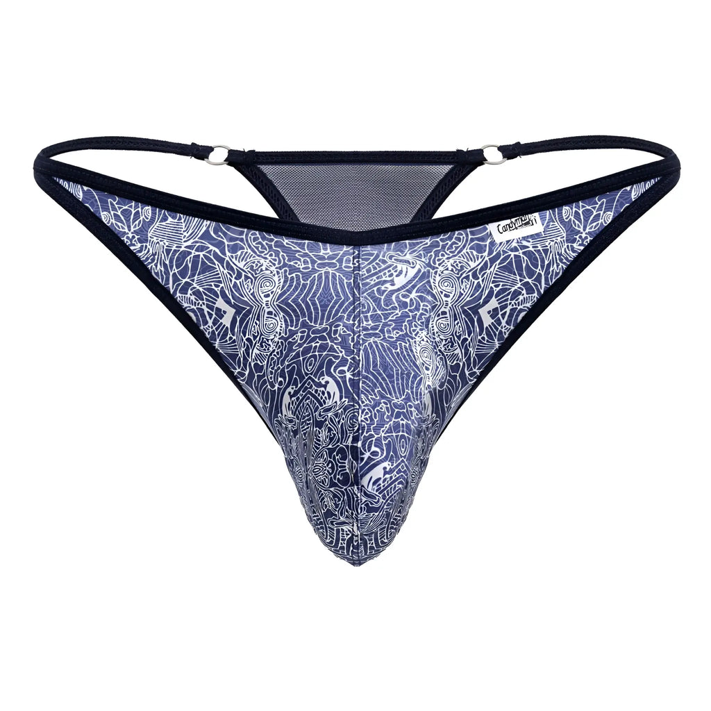 Blue-white patterned CandyMan 99875 thong with black trim featuring a water print design for stylish comfort