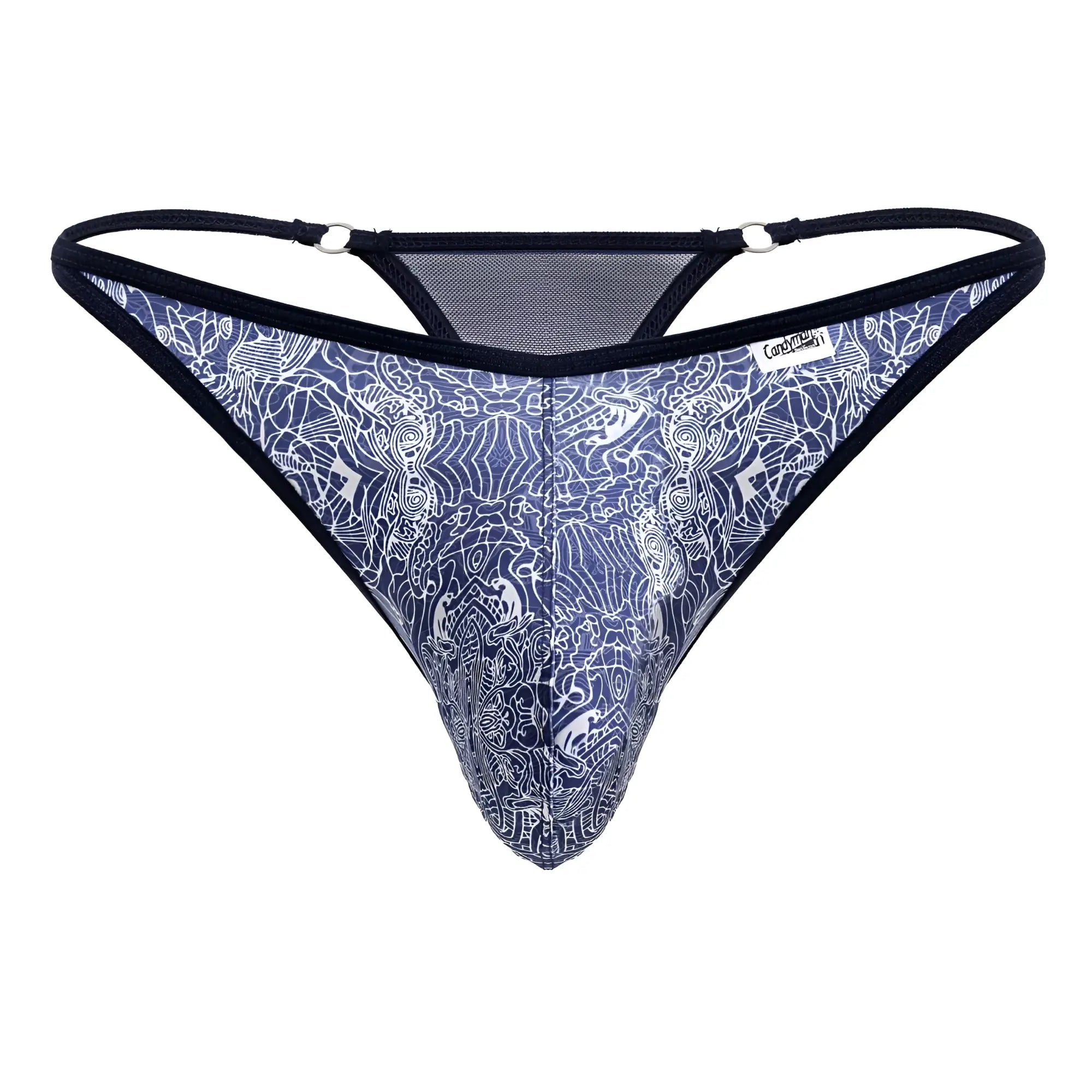 Blue-white patterned CandyMan 99875 thong with black trim featuring a water print design for stylish comfort