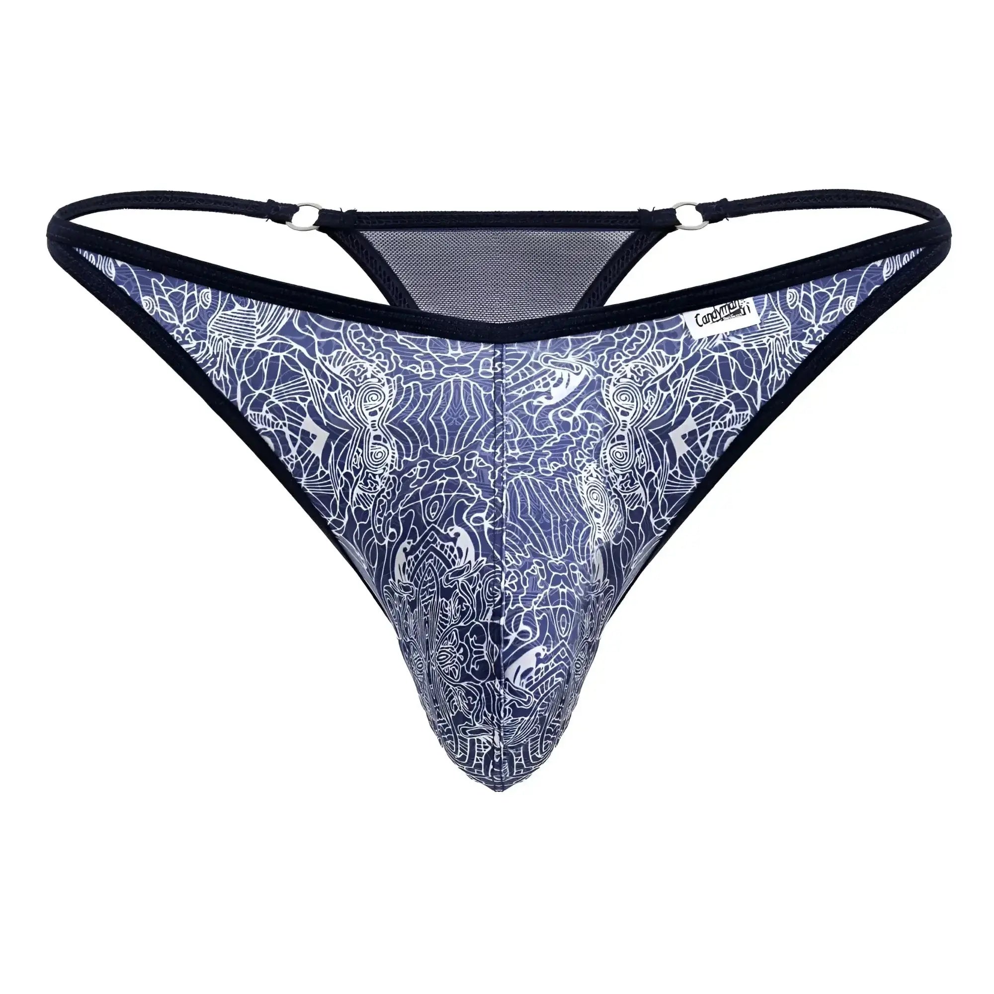 Blue-white patterned CandyMan 99875 thong with black trim featuring a water print design for stylish comfort