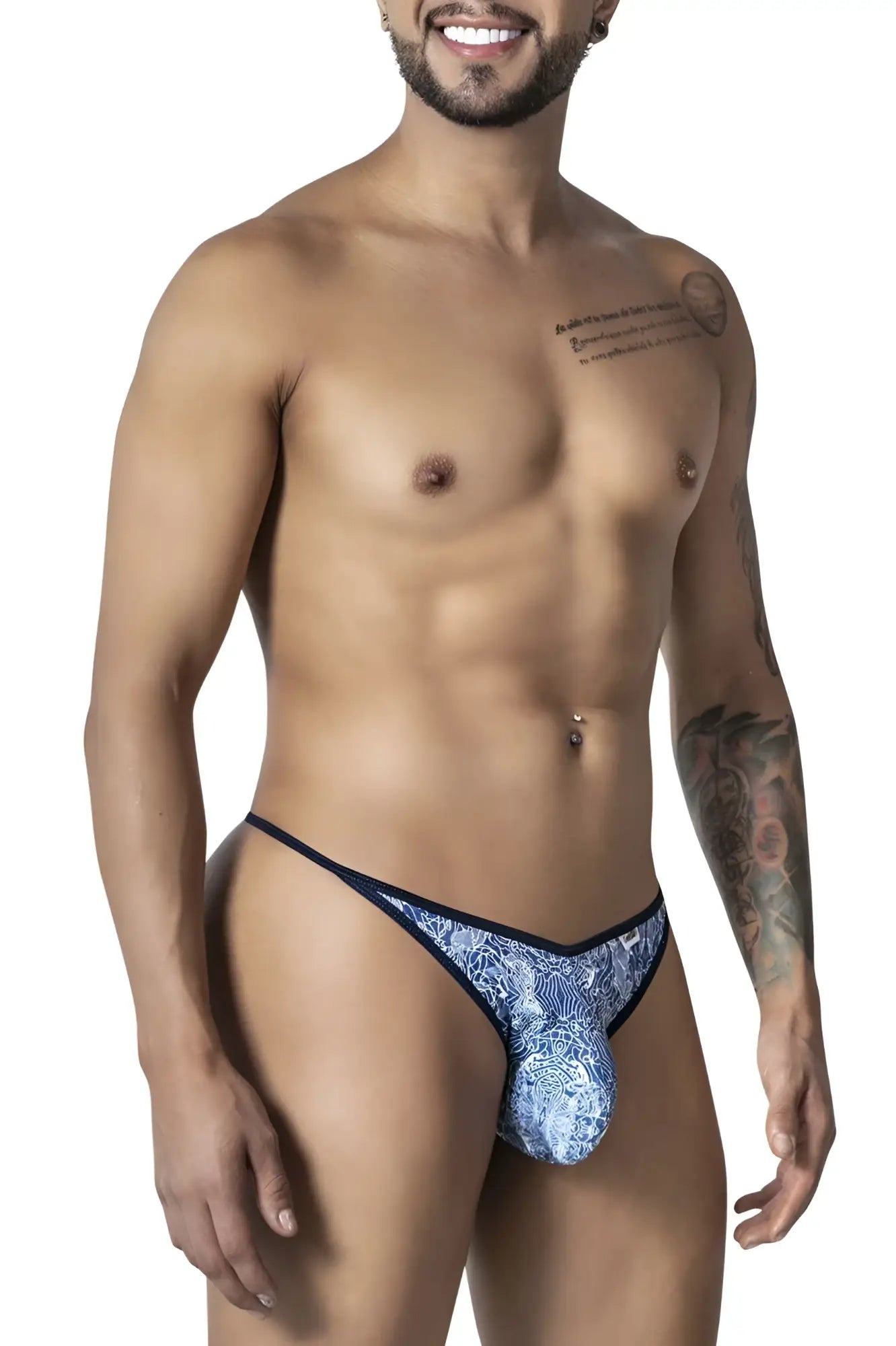 Blue patterned CandyMan 99875 thong with dark blue trim featuring water prints in blue and white colors