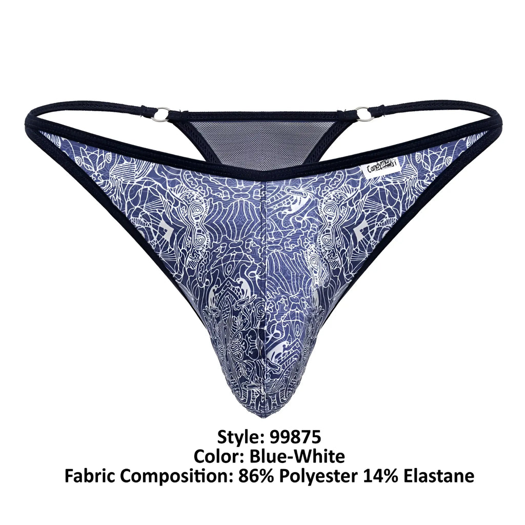 Blue-white patterned thong with intricate white line art, black elastic straps, and mesh detailing on the back side