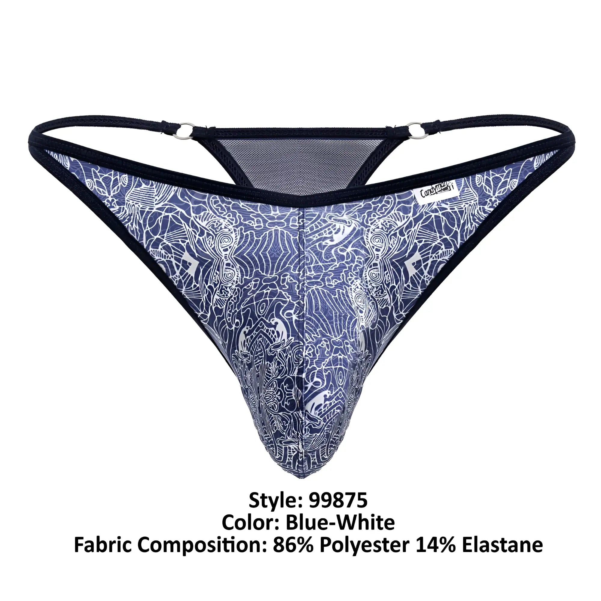 Blue-white patterned thong with intricate white line art, black elastic straps, and mesh detailing on the back side