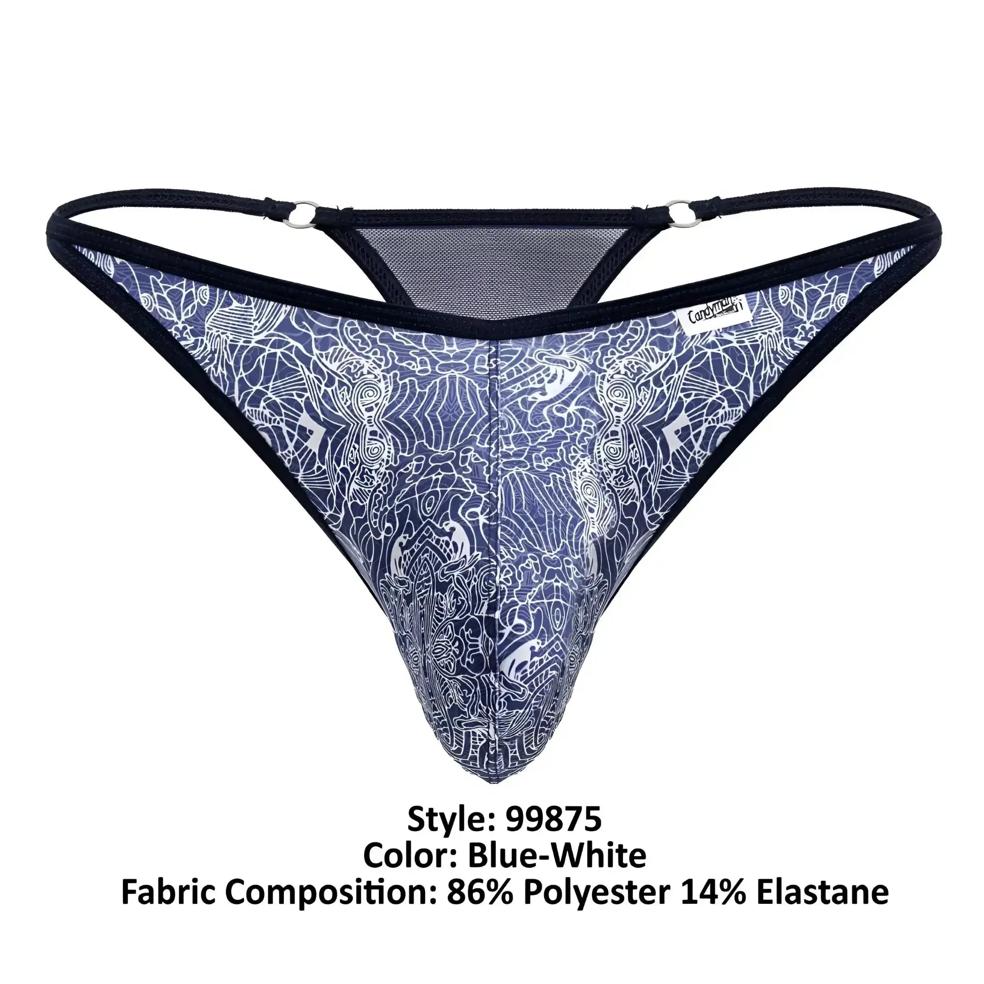 Blue-white patterned thong with intricate white line art, black elastic straps, and mesh detailing on the back side
