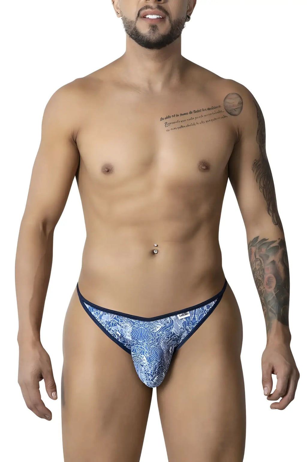 Blue and white patterned CandyMan 99875 thong with navy trim showcasing the front side design