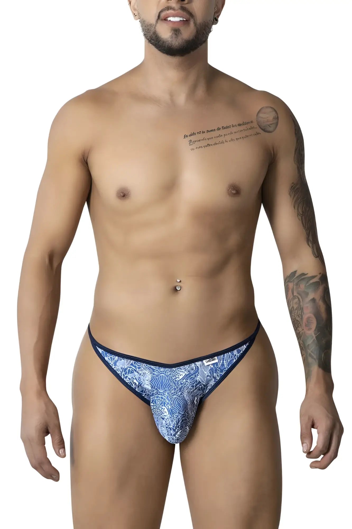 Blue and white patterned CandyMan 99875 thong with navy trim showcasing the front side design