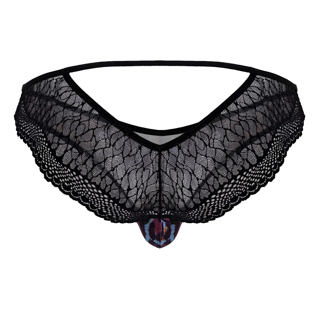 Black lace thong with colorful leopard print pouch front from candyman 99876 animal print briefs collection