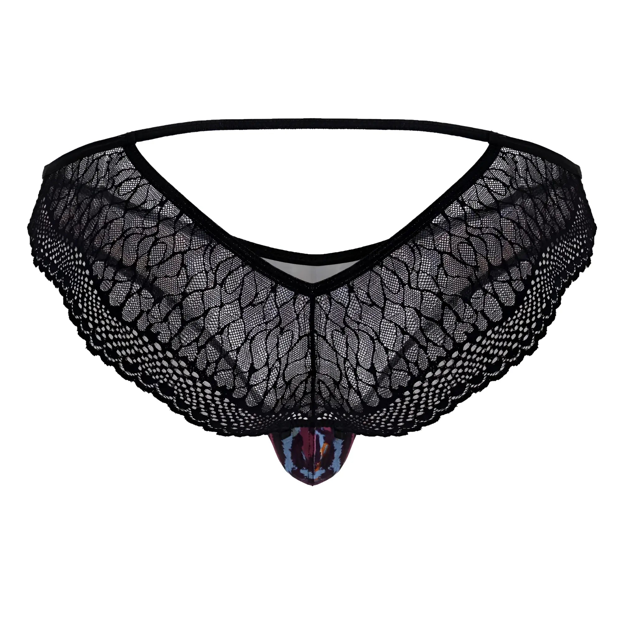 Black lace thong with colorful leopard print pouch front from candyman 99876 animal print briefs collection