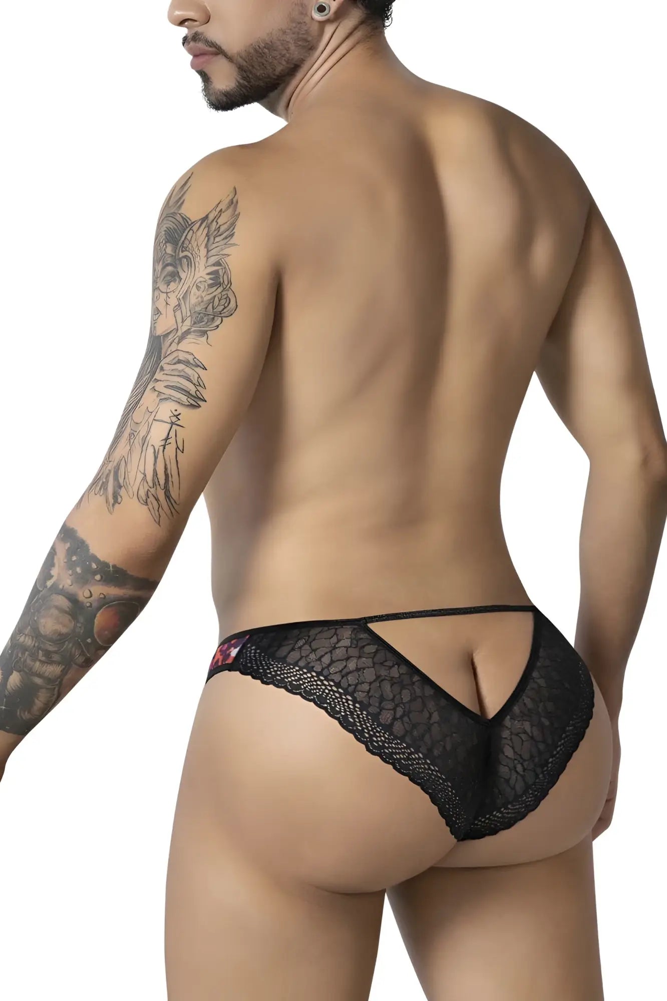 Black lace thong with delicate mesh and pink floral design on the side from Candyman 99876 leopard briefs animal print