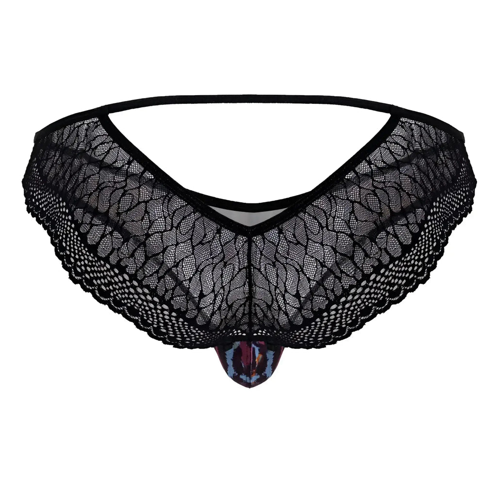 Black lace thong with colorful leopard print pouch front from candyman 99876 animal print briefs collection