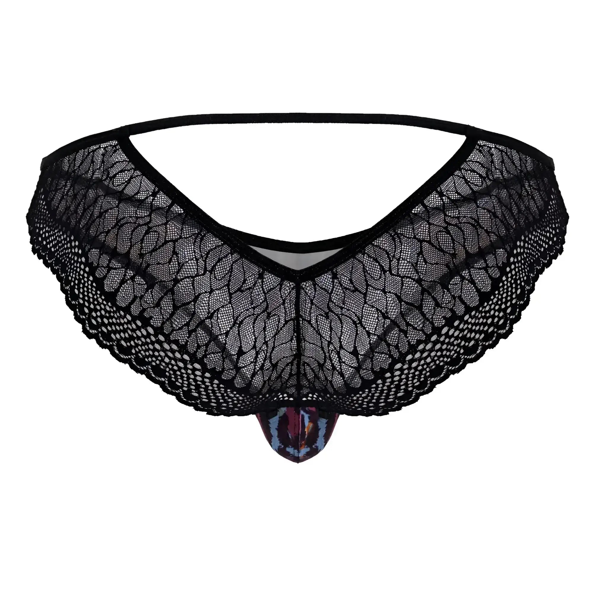 Black lace thong with colorful leopard print pouch front from candyman 99876 animal print briefs collection