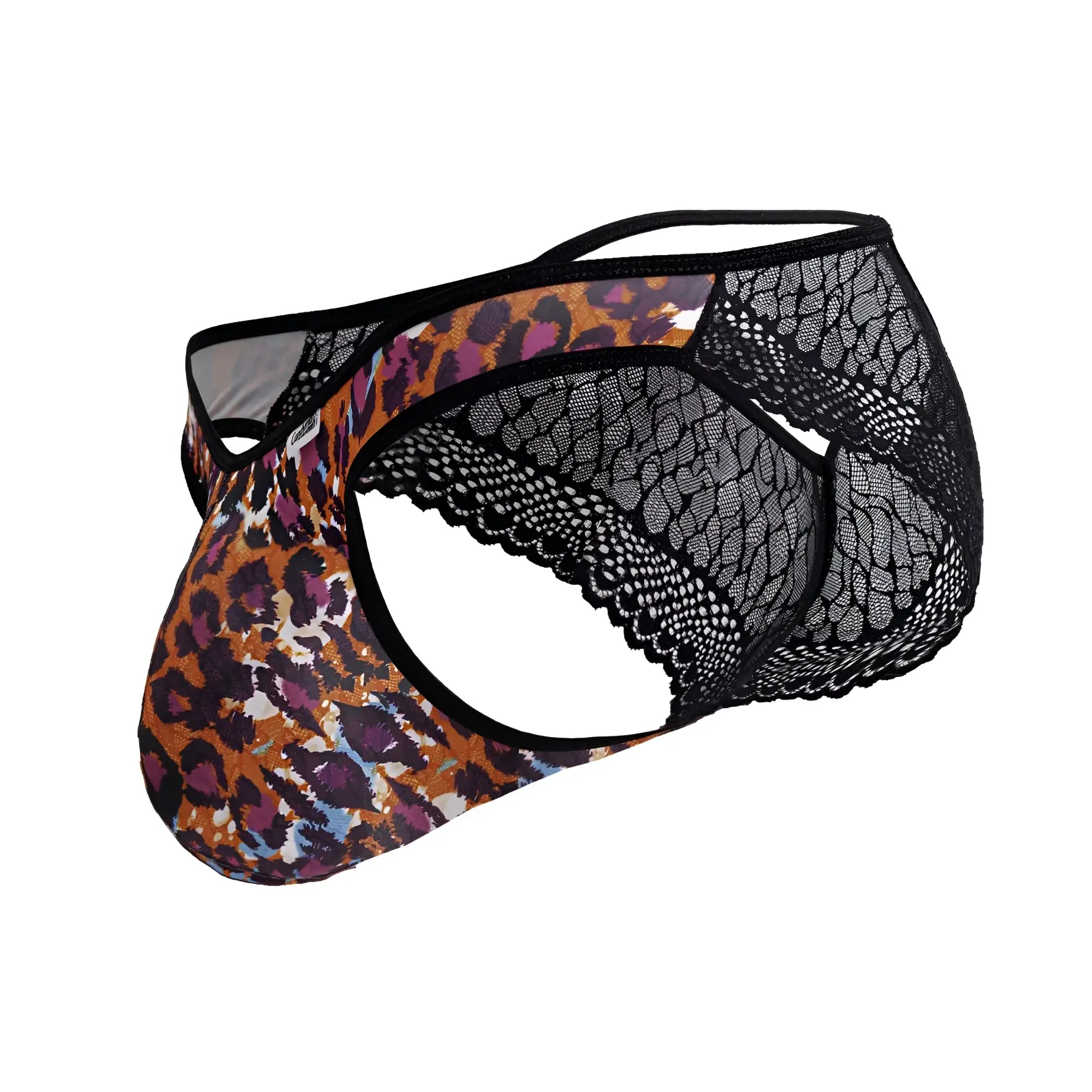 CandyMan 99876 leopard briefs with bold orange purple black patterned front panel and leopard print lace trim